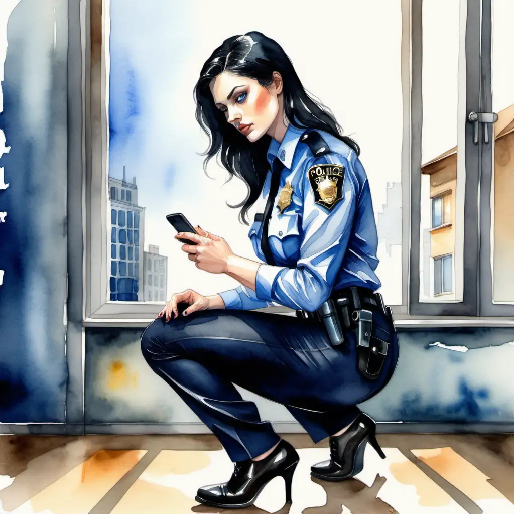 sexy police woman with black hair, blue eyes, big butt and thick legs, fair skin, in a dark uniform, pants and shirt, sitting on a stool crouched on the floor, looking at her cell phone, in a room with a glass window. Watercolor