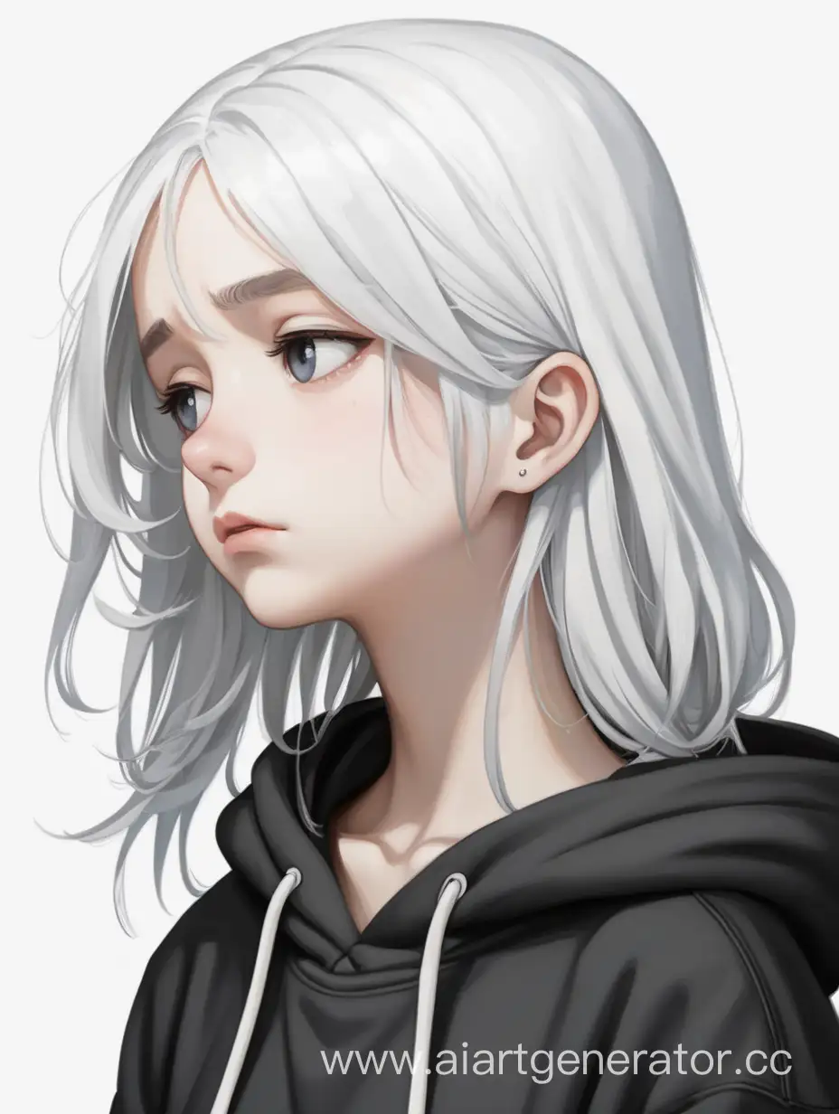 a tired white-haired girl in a black hoodie, white background
