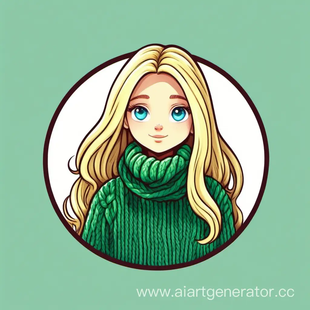 Длинноволосая девочка блондинка с голубыми глазами в зелёном свитере и штанах. Минимализм, мультяшный стиль. Стикер для логотипа в круглой или квадратной рамке. Вяжет шарф