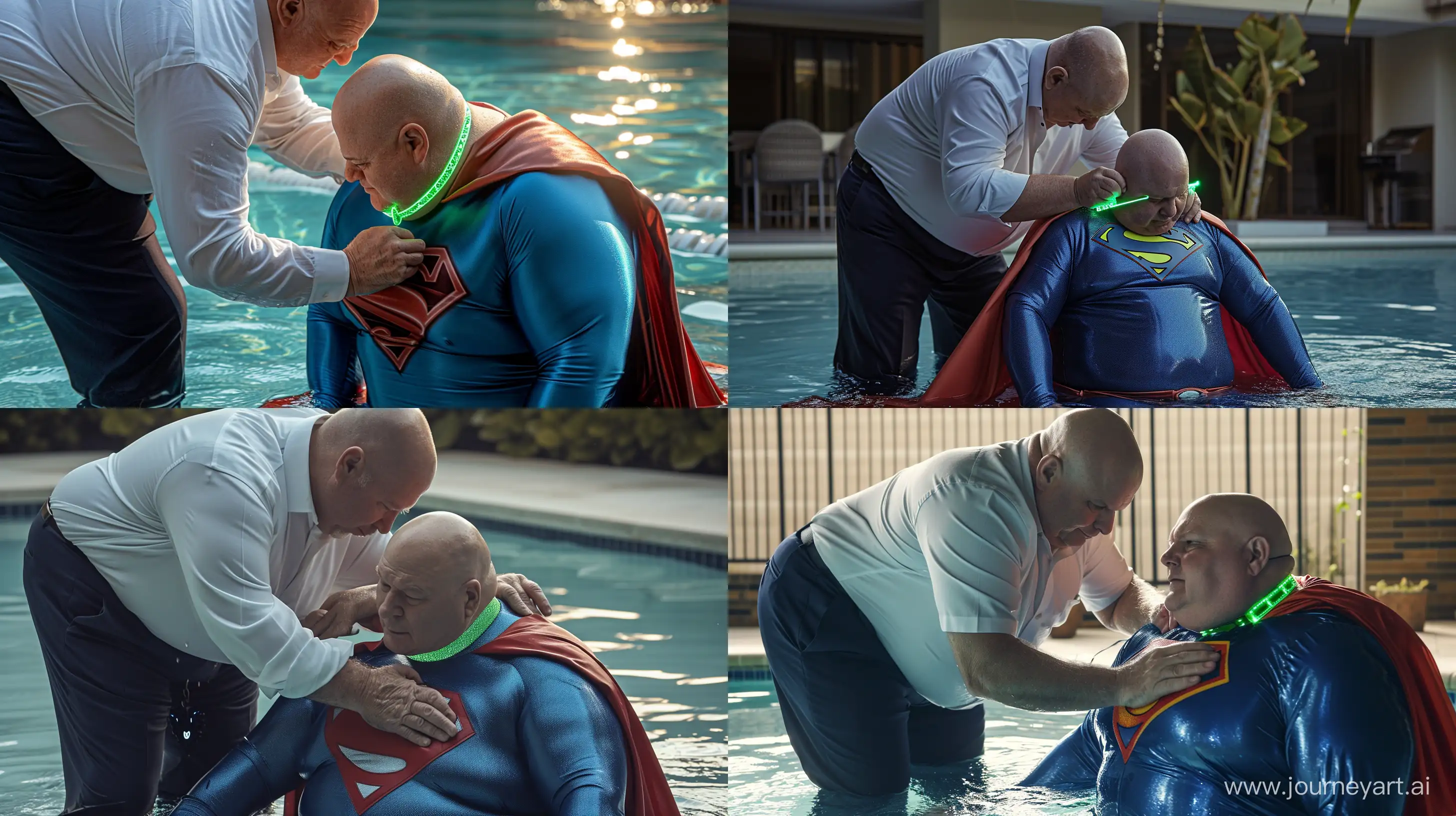 A closeup photo of a chubby man aged 60 wearing silky navy business pants and a white shirt, bending behind and tightening a green glowing small short dog collar on the nape of another chubby man aged 60 sitting in the water and wearing a tight blue silky superman costume with a large red cape. Swimming Pool. Natural Light. Bald. Clean Shaven. --style raw --ar 16:9 --v 6