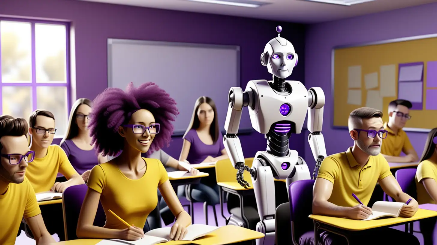 Diverse Adult Marketing Students Learn from Robot Teacher in Vibrant Classroom