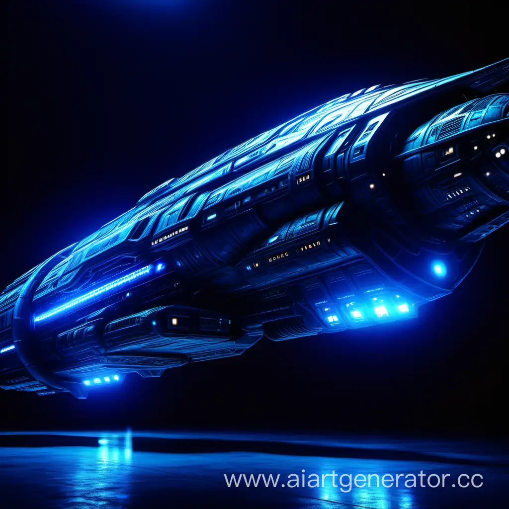 огромный космический корабль. с голубой подсветкой.