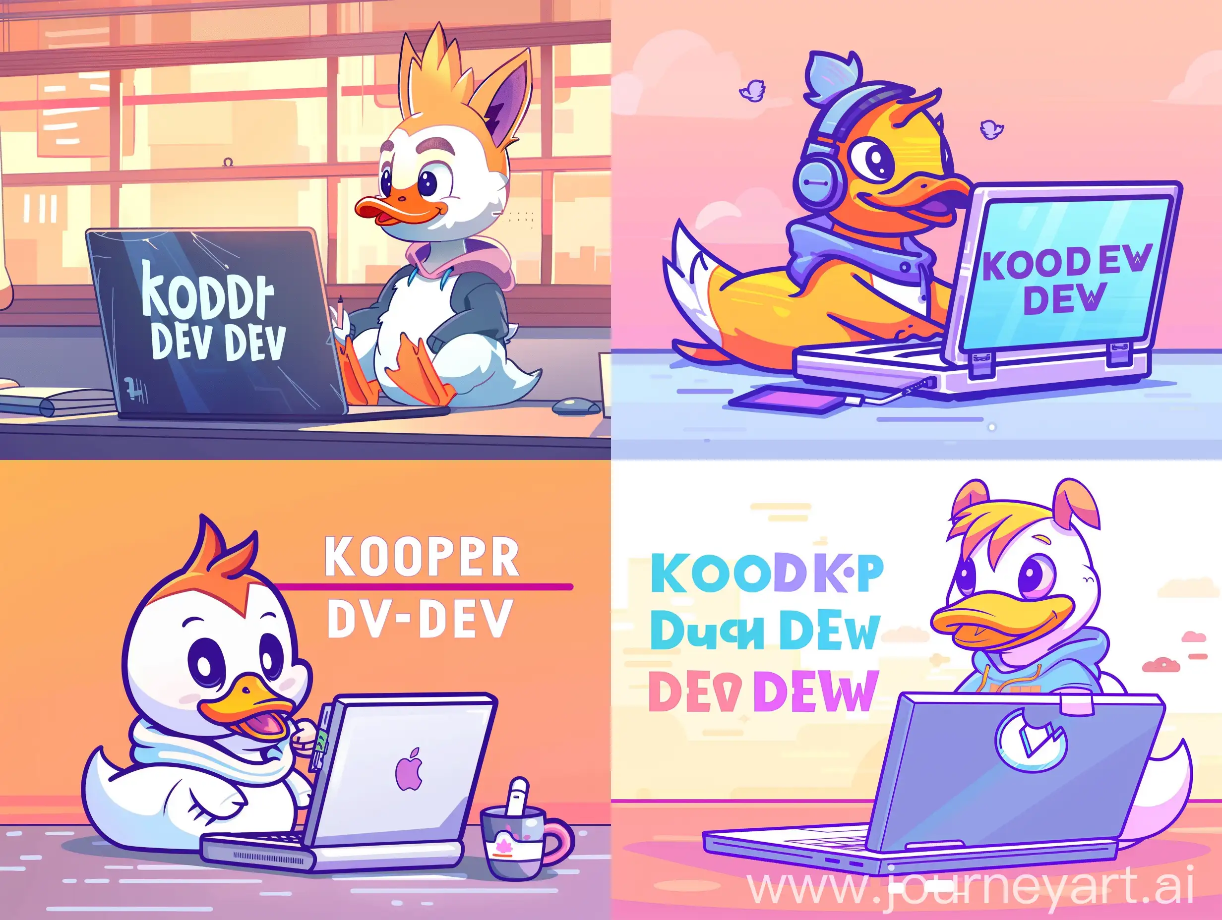 colorful and attracting ads picture, cute duck hacker sitting in front of laptop, "кодер Duck Dev" text, large very big font text size, cute cartoony style