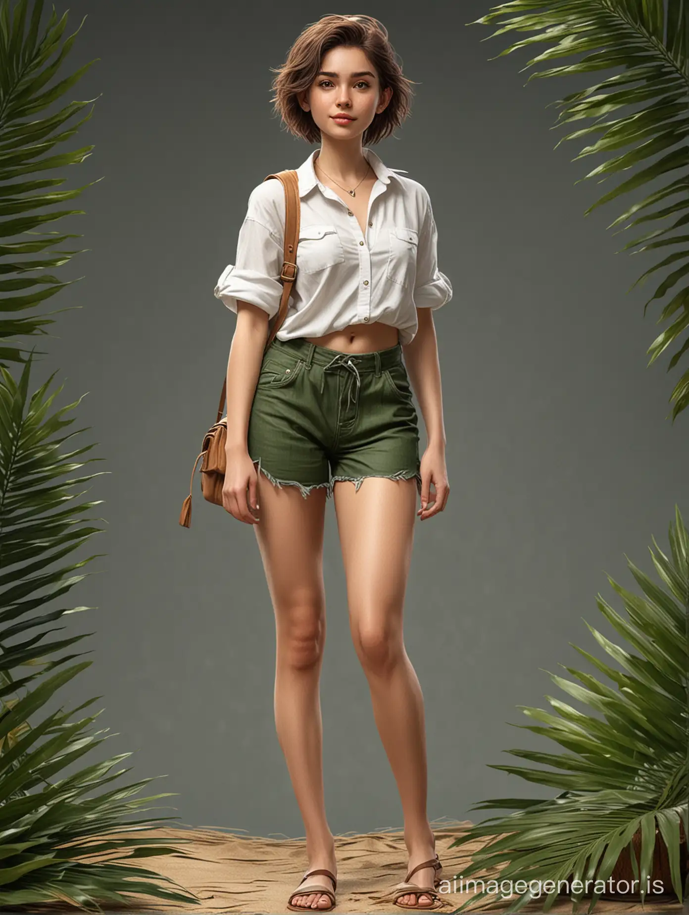 create female character inspiration from coconut leaves, character is full body with modern clothes, digital art,  make high resolution 5 photos