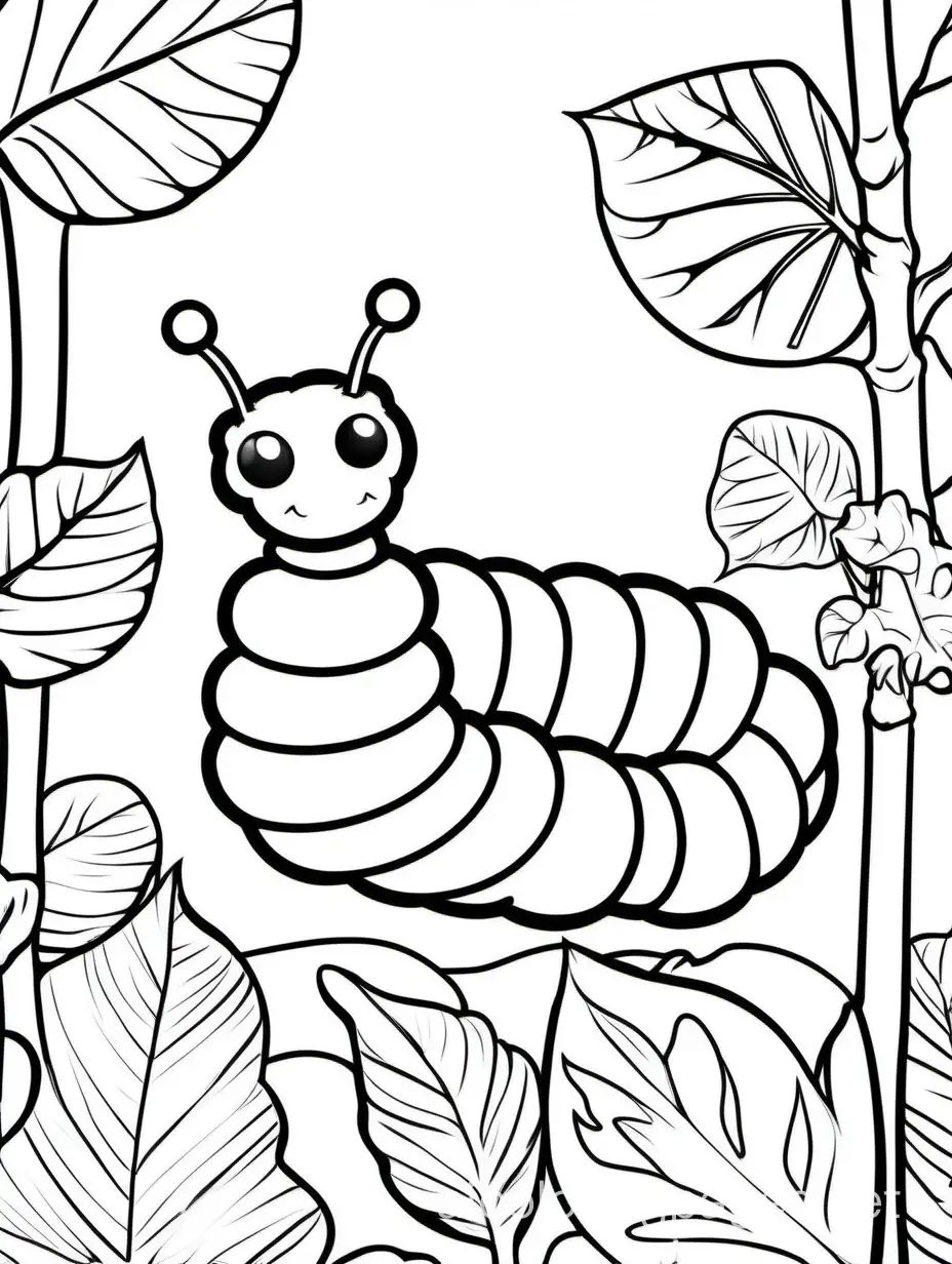 A caterpillar munching leaves, Coloring Page, black and white, line art, white background, Simplicity, Ample White Space. The background of the coloring page is plain white to make it easy for young children to color within the lines. The outlines of all the subjects are easy to distinguish, making it simple for kids to color without too much difficulty, Coloring Page, black and white, line art, white background, Simplicity, Ample White Space. The background of the coloring page is plain white to make it easy for young children to color within the lines. The outlines of all the subjects are easy to distinguish, making it simple for kids to color without too much difficulty
