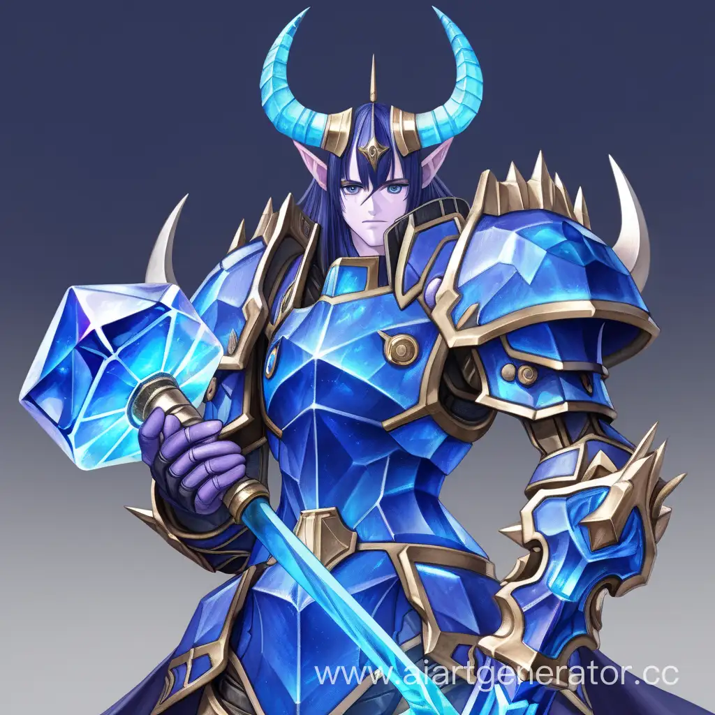 Аниме герой с кристальным молотом синего цвета, в сумеречной броне, с рогами голубого цвета