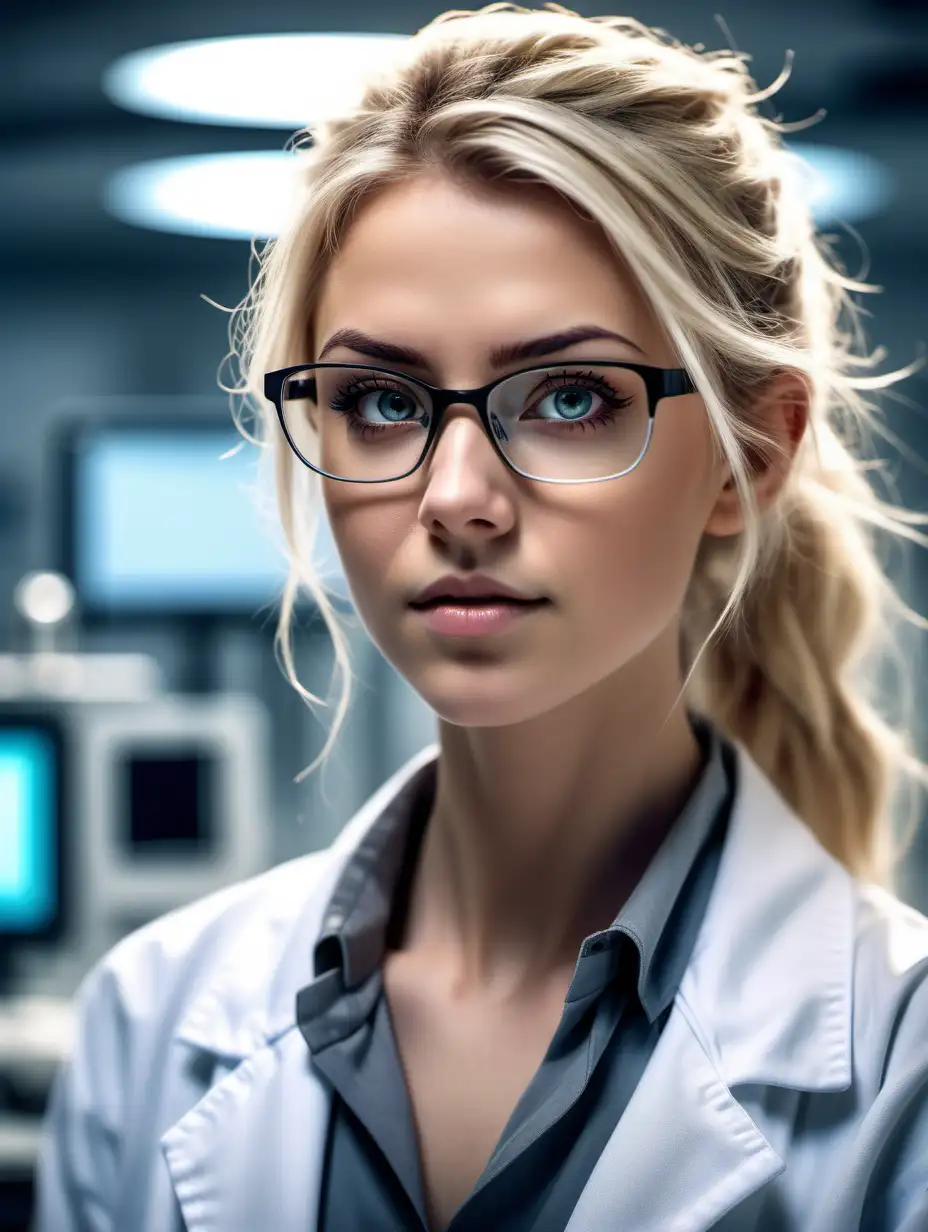 Beautiful Nordic woman, very attractive face, detailed eyes, slim body, dark eye shadow, messy blonde hair, glasses, wearing a lab coat, close up, bokeh background, soft light on face, rim lighting, facing away from camera, looking back over her shoulder, standing in a cyber laboratory, Illustration, very high detail, extra wide photo, full body photo, aerial photo