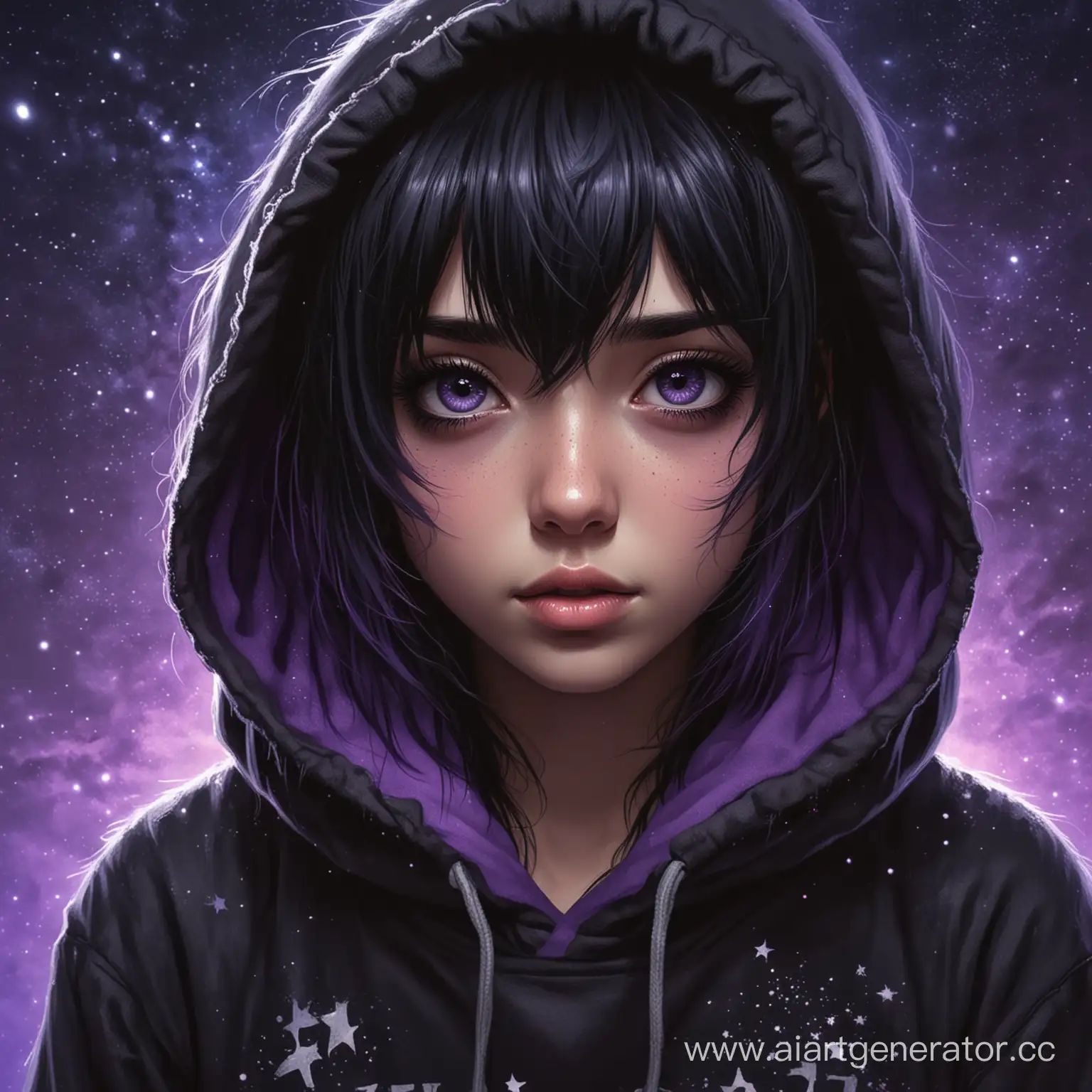 an emo girl in a hoodie, with black messy hair and bangs, with black eyes and the universe in her eyes. She is looking at the violet night sky 