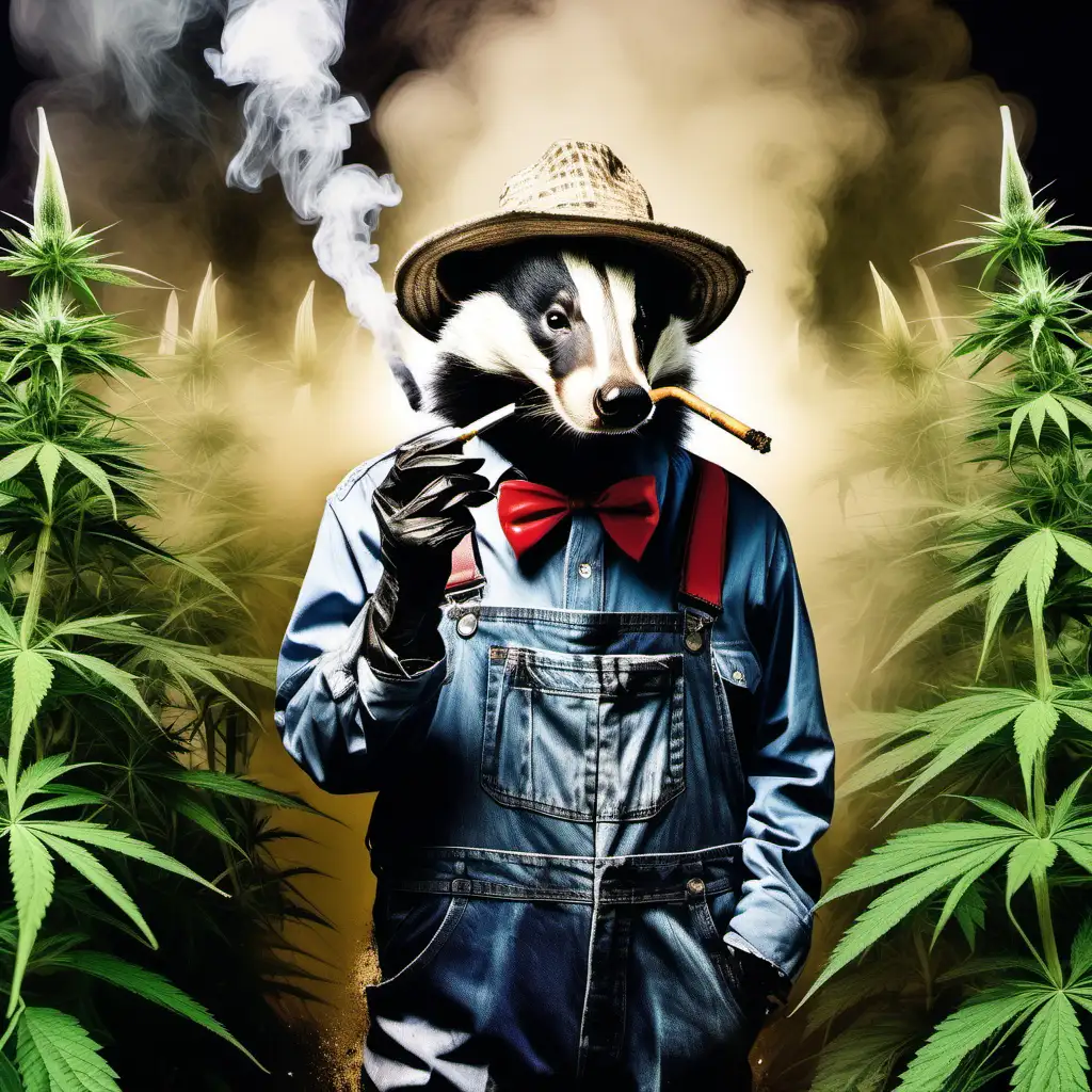 a badger dressed like a farmer in a cannabis farm smoking 2 cigarettes at the same time with smoke done in artist Mr Brainwash style