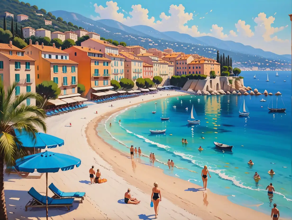 Vibrant French Riviera Beach Scene Painting with Sunbathers