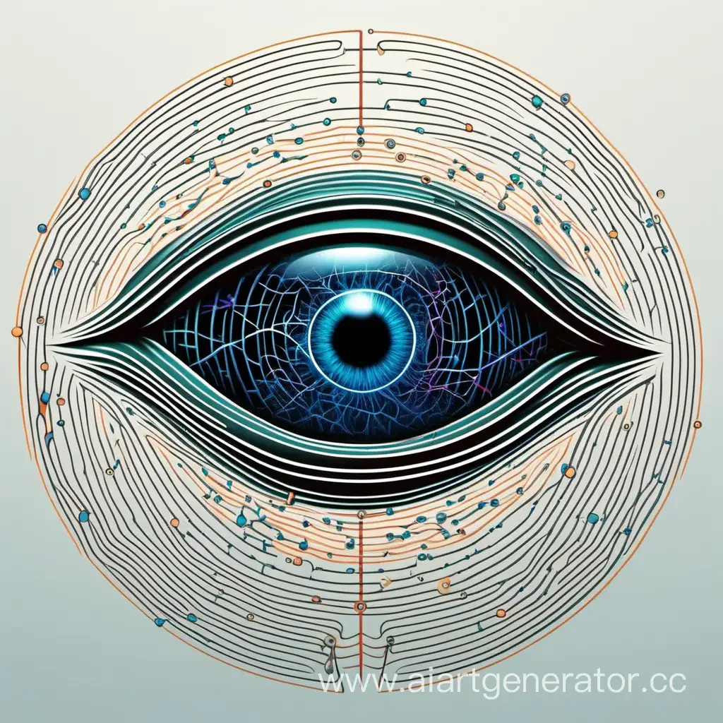 Логотип AI , название Vision, человеческий глаз переплетенный в линиях нейросетей, картинка