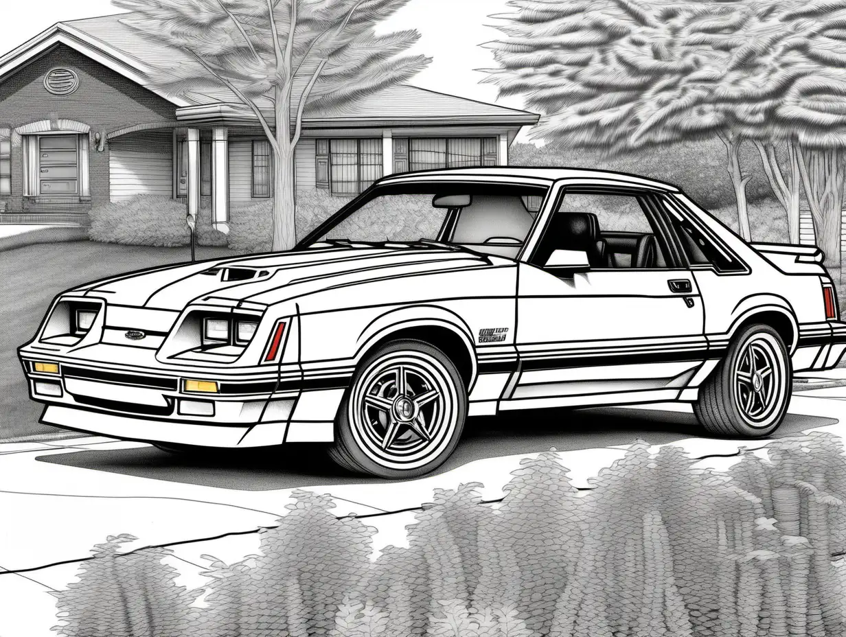 coloring page for adults, American muscle car, 1983 Ford Mustang GT, high detail, no shade
