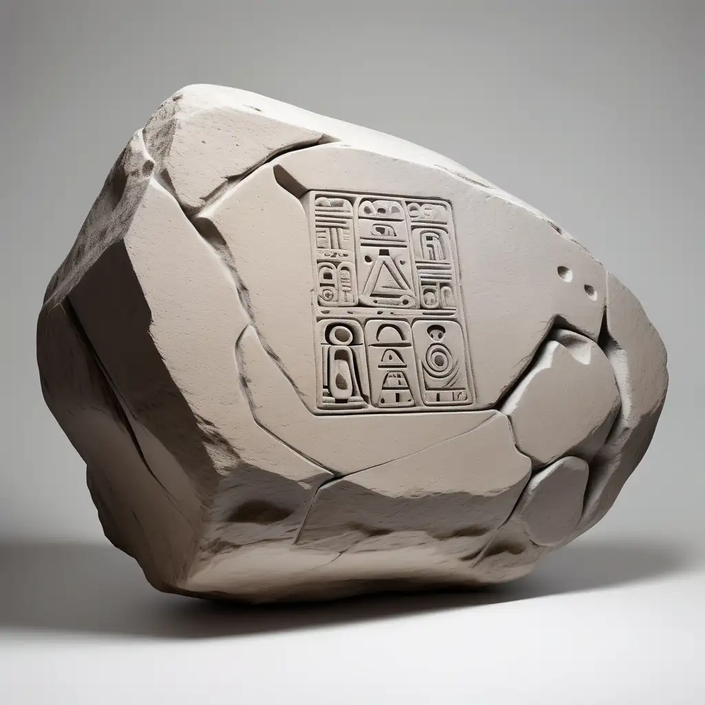 Engraved Gray Rock with STX Hieroglyph on White Background