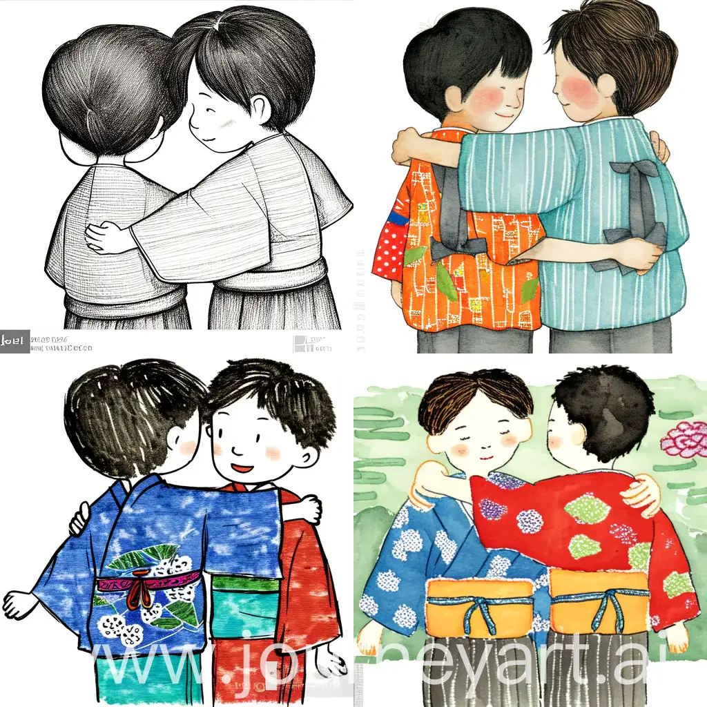 Two boy friends in old kimonos Japanese children look back with their arms around each other's shoulders. black hair, Japan has a rich tradition of storytelling and whimsical. Create a collaborative story that incorporates elements of these artistic styles. A turbulent past and the tenacious spirit of the Japanese people, preschool kids drawing, naive and unstrained touch of pencil scribbled, hand drawn, scrawled blur of Japanese countryside in the background. bird's eye view, simple