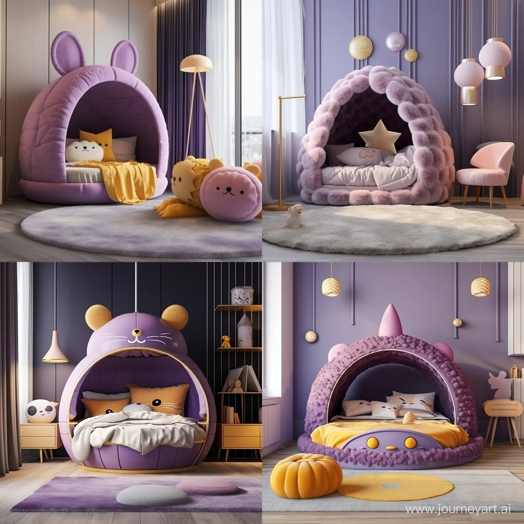 a purple sphere soft small size of bed for children's with a cartoon cute gold and glam theme, made from fluff and fur with roof, in cartoon style