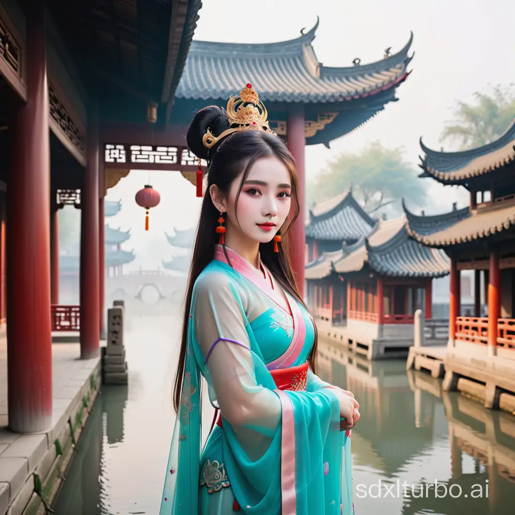 Goddess in ancient costume in the misty town of Jiangnan