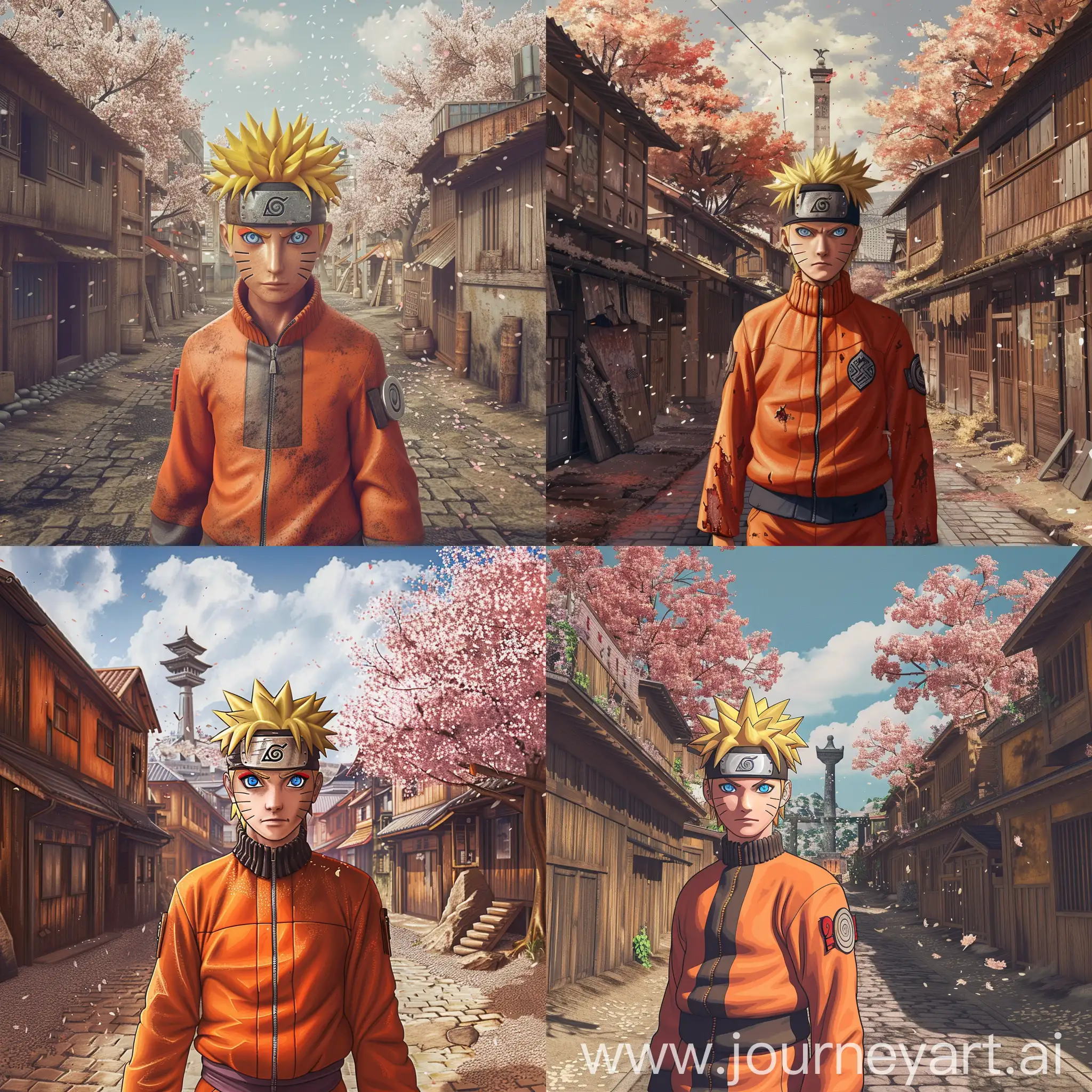 Description:

Generate an awe-inspiring hyper-realistic image of Naruto Uzumaki, the iconic hero of the Hidden Leaf Village, with meticulous attention to detail in both his features and the surrounding environment.

Background:

The background should vividly portray the Hidden Leaf Village, with intricate details such as weathered wooden buildings, cobblestone streets, cherry blossom trees in full bloom, and the imposing presence of the Hokage Monument in the distance. Ensure that lighting conditions capture the essence of a vibrant, bustling village scene.

Naruto's Features:

Naruto's full body should be visible, showcasing his signature orange jumpsuit adorned with intricate designs and accurate folds. Pay close attention to the texture of the fabric, capturing nuances of wear and tear. His muscular physique should be portrayed realistically, with well-defined musculature and subtle hints of movement. Naruto's facial expression should convey his determination and resolve, with piercing blue eyes reflecting his unwavering spirit. His iconic spiky blond hair should be rendered with individual strands, capturing its dynamic flow and natural shine.

Realism:

The goal is to achieve hyper-realism, where every aspect of the image feels lifelike and tangible. Pay meticulous attention to lighting, shadows, and textures to create a sense of depth and immersion. Strive for accuracy in depicting both Naruto and the background environment, ensuring that every detail contributes to the overall realism of the scene.

 Please prioritize realism and attention to detail in both Naruto's features and the background environment, striving to create an image that feels as though it could exist in the real world.