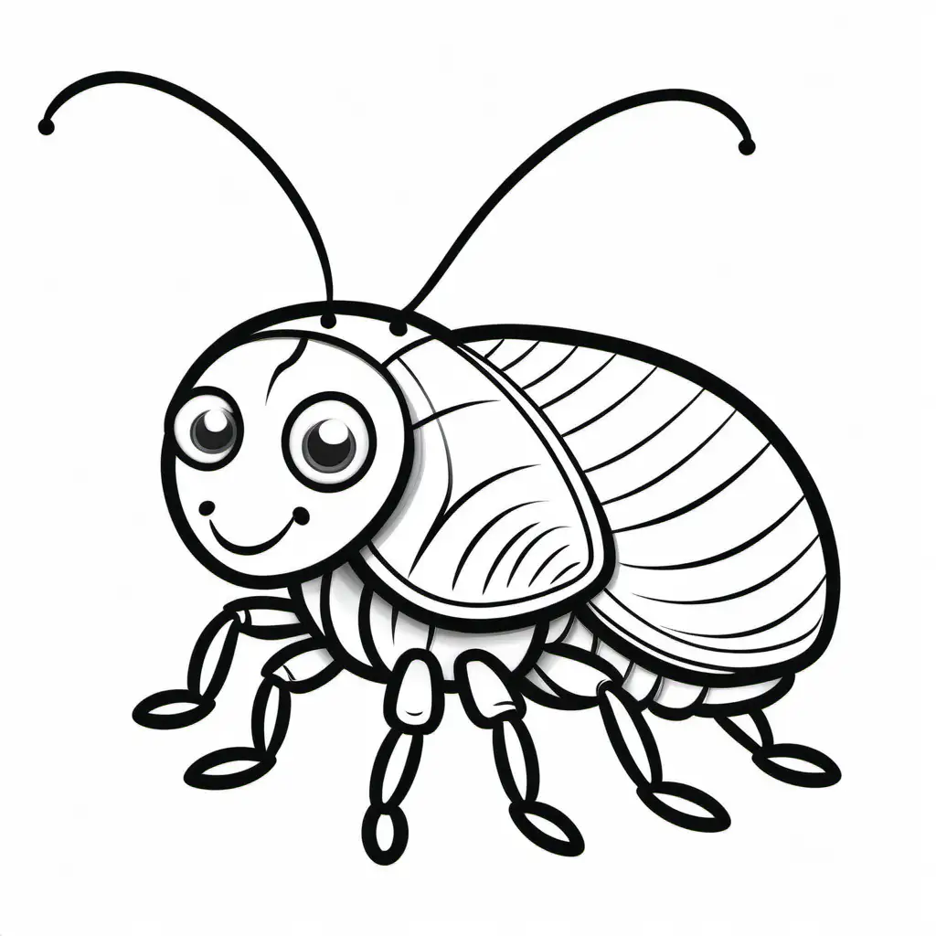 australian cartoon cockroach with big eyes drawing black and white, kids colouring book stencil, black lines only white background, fine lines, friendly cartoon