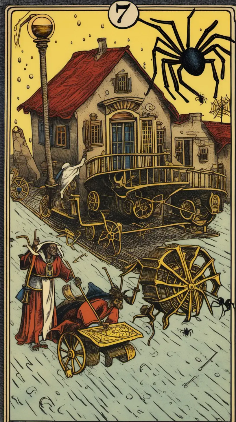 A Tarot of Marseilles card featuring the number 7 portrays a house on wheels pulled by two Egyptian Sphinxes, it carries an old mage wielding a scepter, on a rainy night, there is a needle, a spiraling spider's web, and a mousetrap.