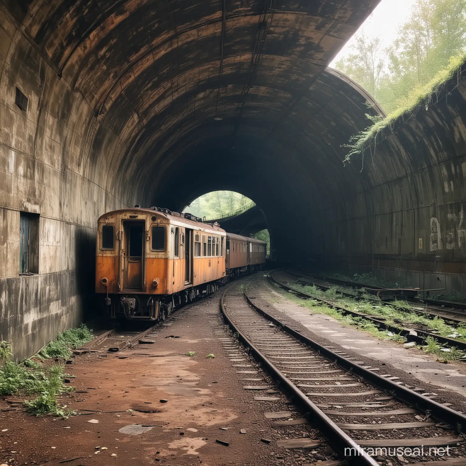 Desolate Tunnel with Rusty Abandoned Train Wagon