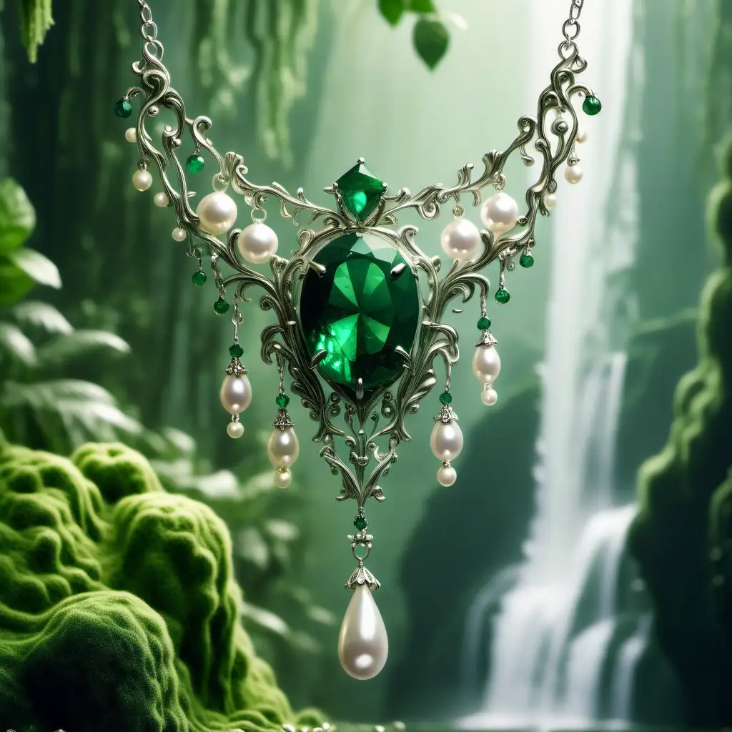 Make a jewellery necklace inspired by a green emerald moss covered jungle with magical waterfalls in a fairy land. Pearls and white gold. Clean background . Victorian inspired dim light