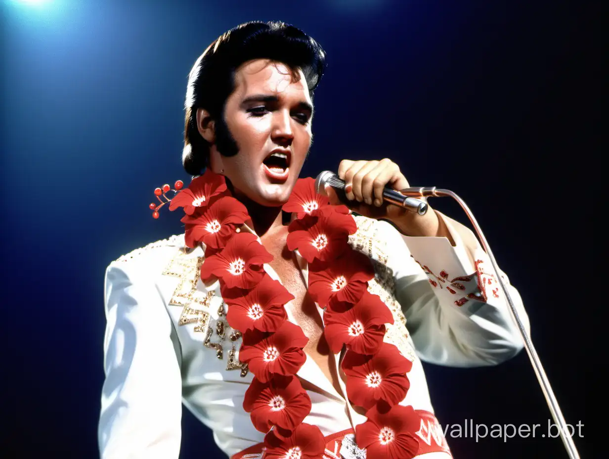 Elvis Presley on stage for Aloha From Hawaii in 1973 at the Convention Center in Hawaii. Elvis is wearing his white jeweled jumpsuit and has a red hibiscus lei draped around his neck. The atmosphere is electric. Sharp images, great detailed features.