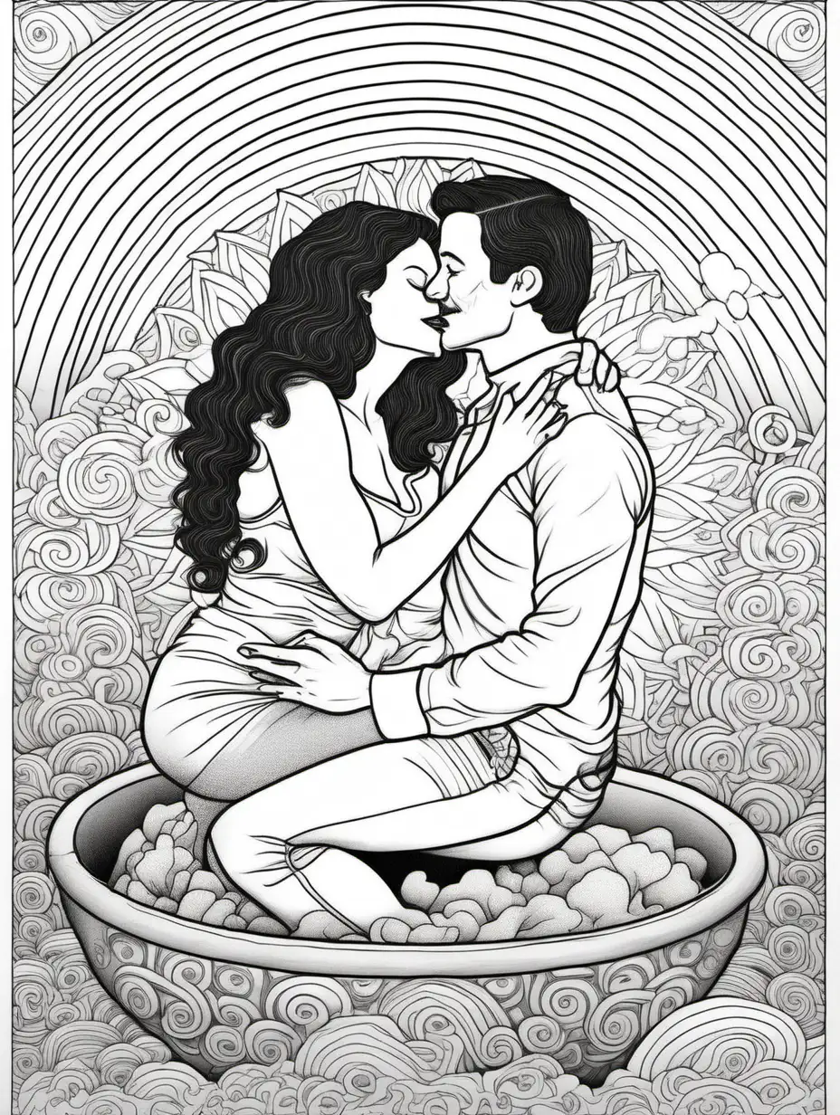 Mandala-style Adult coloring book of a sexy Fran Dresher kissing Gilbert Godfrey sitting on a pot of gold under a rainbow


