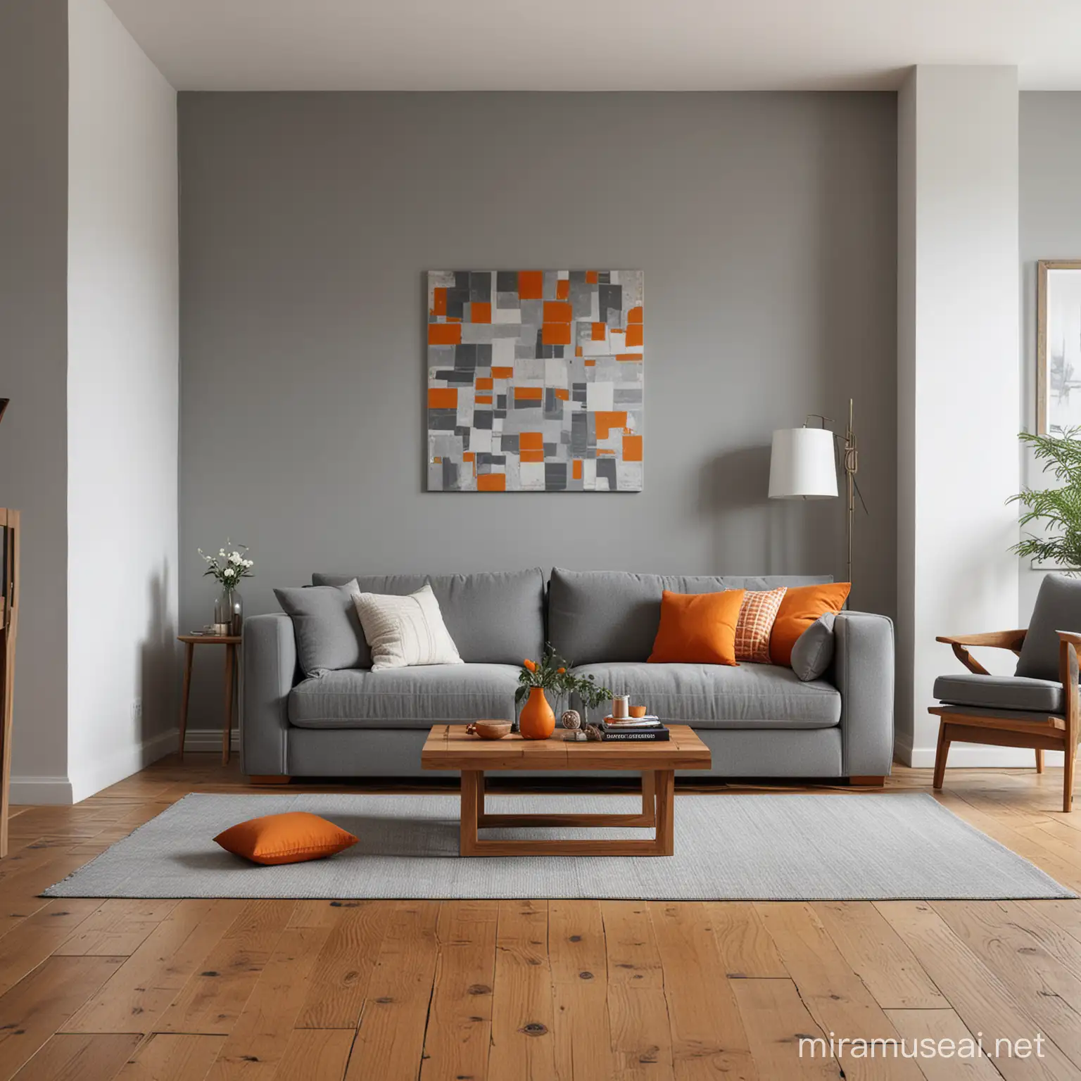 A living room in gray and orange. Behind the sofa hangs a square work, wooden floor, detailed, lively, light and shadow