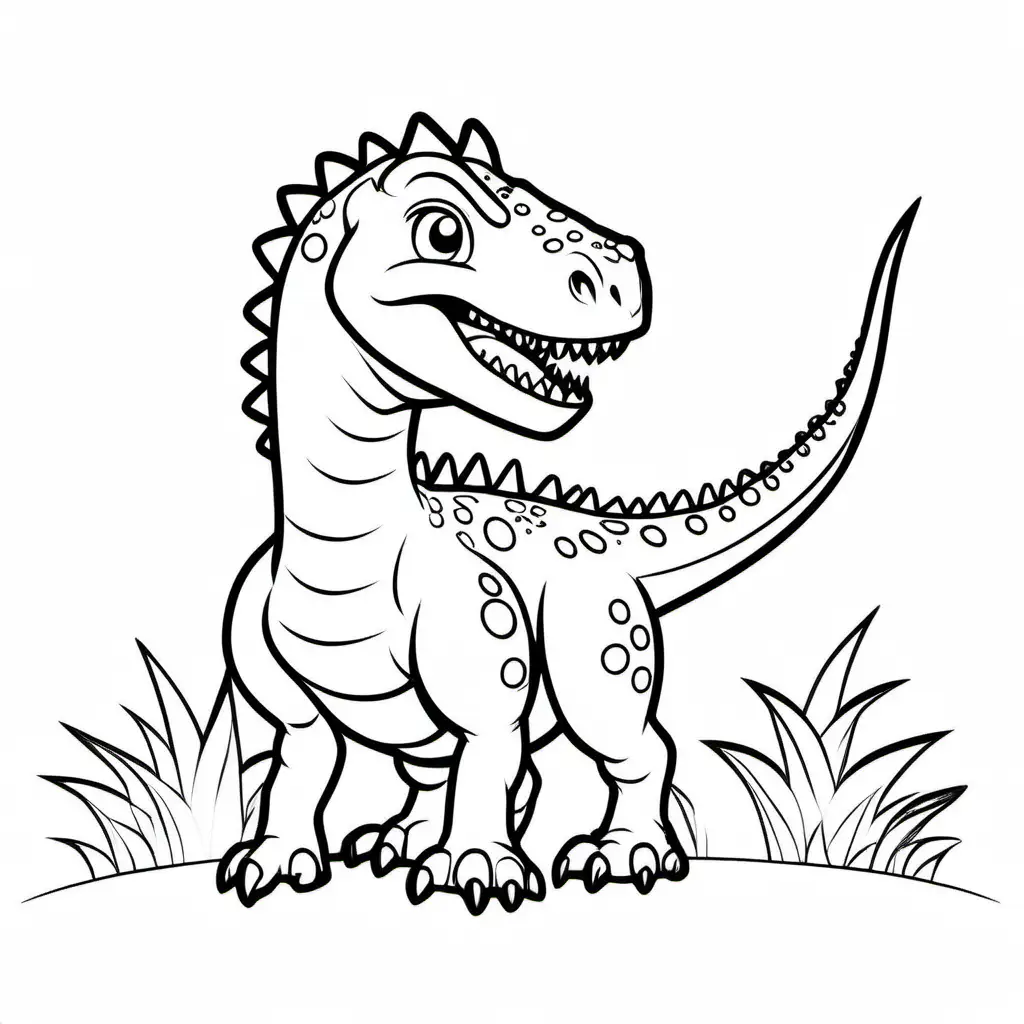 cute Carnotaurus without background, Coloring Page, black and white, line art, white background, Simplicity, Ample White Space. The background of the coloring page is plain white to make it easy for young children to color within the lines. The outlines of all the subjects are easy to distinguish, making it simple for kids to color without too much difficulty
