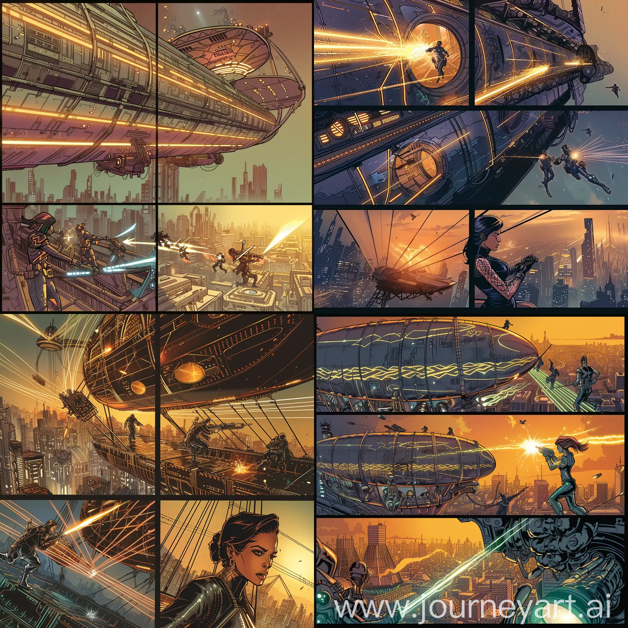 Set against the backdrop of a giant airship soaring above a futuristic cityscape, this four-panel raypunk comic scene captures a high-stakes battle between a band of rebels and the tyrannical ruler's elite guards. The setting combines sleek, art deco-inspired design with advanced technology, providing a visually striking environment for this confrontation.  Panel 1: Boarding the Airship "The rebels, dressed in streamlined, metallic armor with vibrant neon trim, stealthily board the tyrant’s massive airship. The airship is adorned with intricate, glowing patterns and hovers ominously above the city."  Panel 2: Ambush "As the rebels sneak through the narrow, dimly-lit corridors of the airship, they suddenly ambush a group of the tyrant’s guards. The scene is a flurry of motion, with rays of light from laser weapons casting sharp shadows on the polished metal walls."  Panel 3: The Showdown "The lead rebel, a charismatic woman with a bright, energy sword, confronts the captain of the guards in the engine room, where pulsating engines cast eerie lights on their intense duel. Sparks fly as their weapons clash, illuminating their determined faces."  Panel 4: Victory and Escape "After overpowering the guards, the rebels rush to the control room. One of them uses a sophisticated hacking device to take control of the airship. The final panel shows the airship turning away from the city, as the rebels escape with critical information, the city skyline receding in the background, bathed in the light of a setting sun."