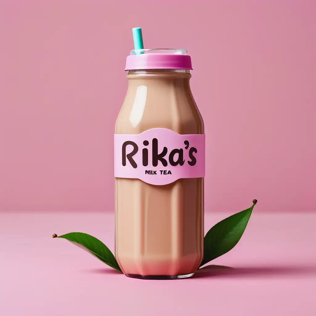 logo the tittle "Rika's milk tea" with milk tea bottle. Pink background 