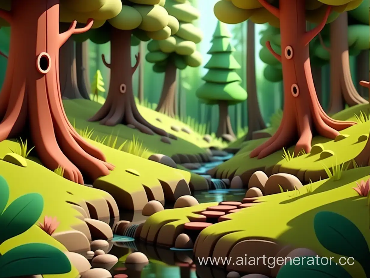 cartoon style, 8k the forest, where there is a small spring.
