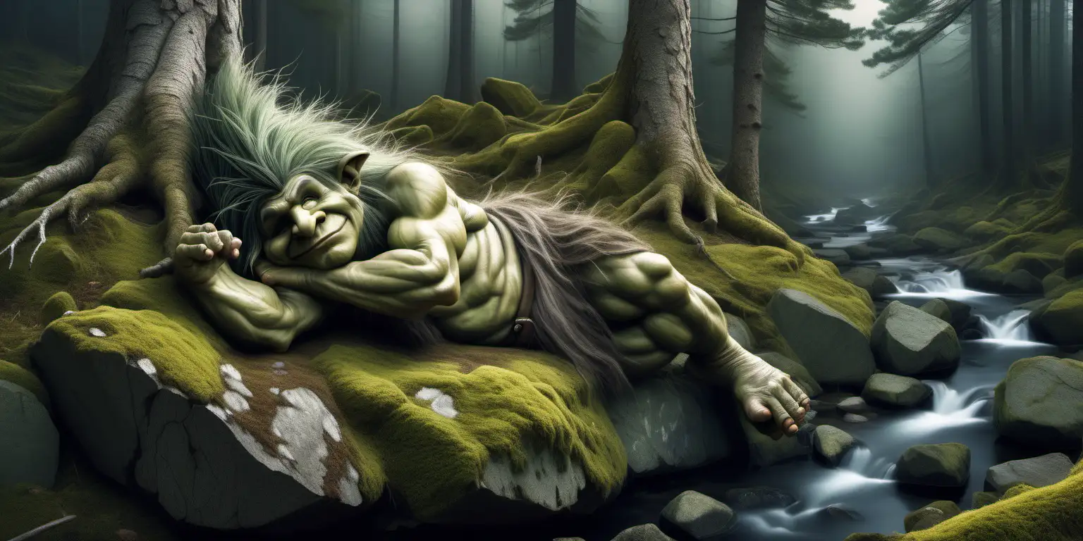 a folklore troll is sleeping , he is from Norway in ancient green pine tree forest with huge boulders & a stream