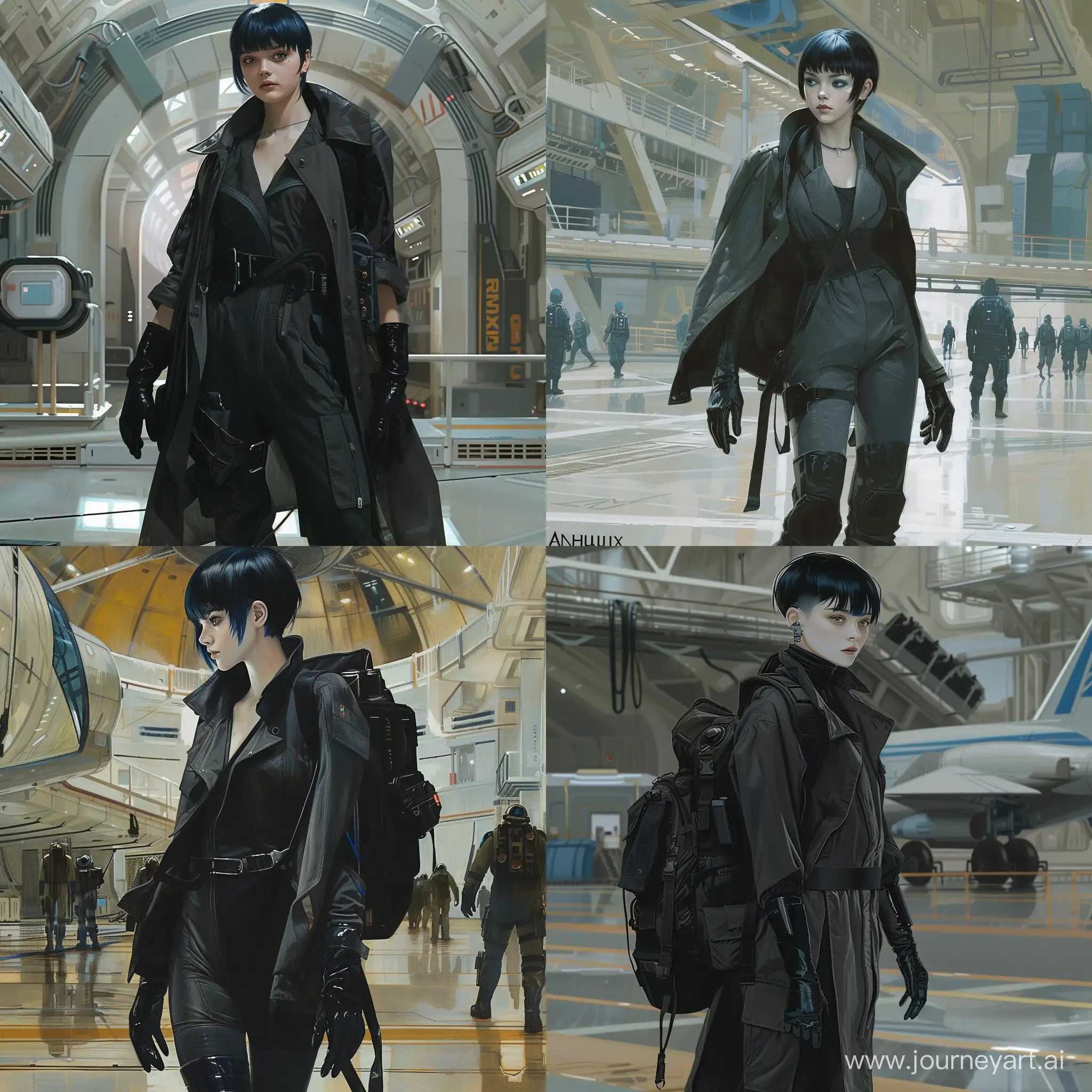 A tall young woman wearing wearing a black open trenchcoat over a dark gray jumpsuit with black rubber gloves and a black backpack. 
She has short black hair with blue tint in a pixie cut and pale white skin. She has a very slim build.
Futuristic, militarism
Painted by Ralph McQuarrie
Space station hall in the background