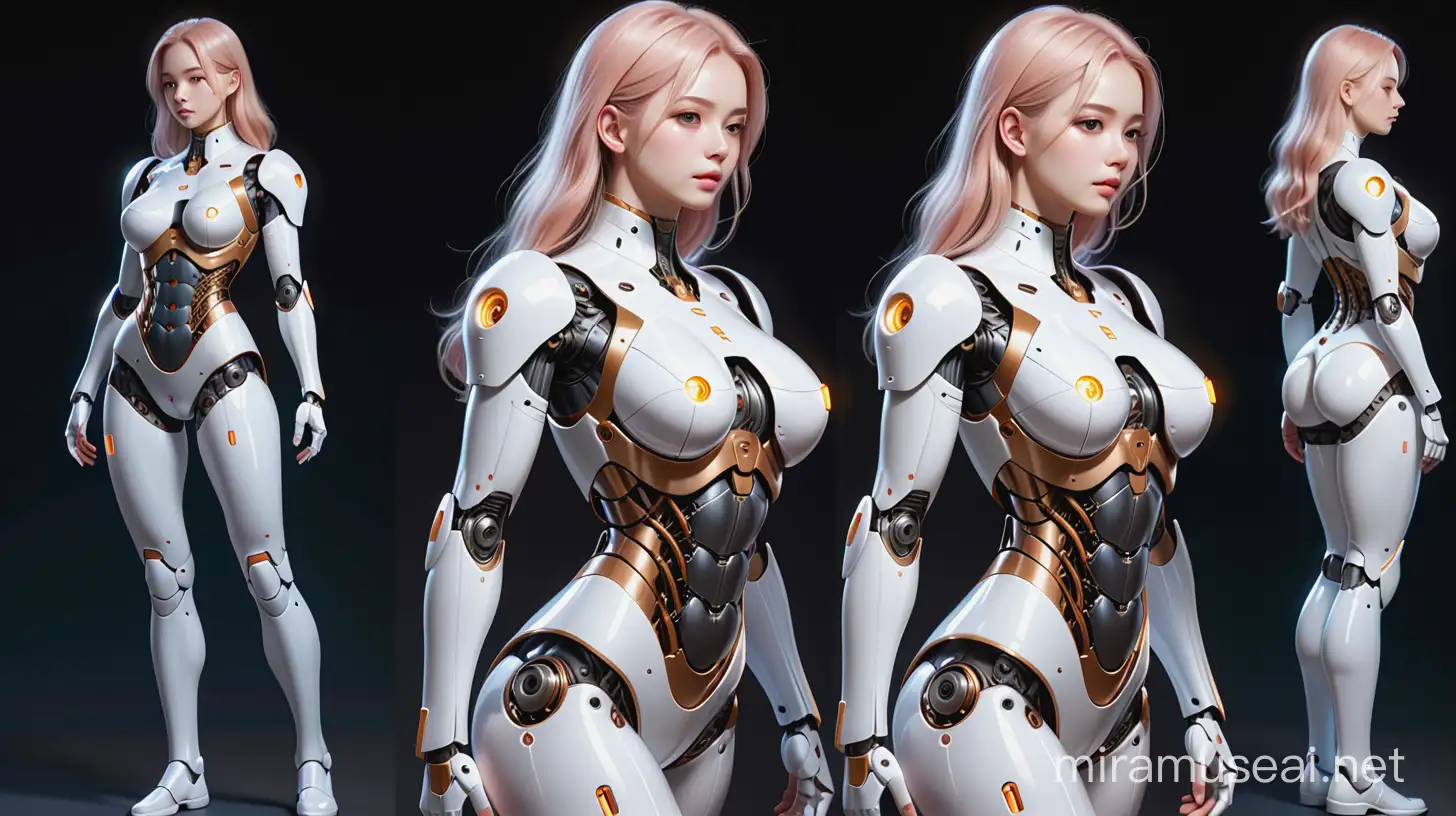 A oil painting, of a feminine robot soldier, with a body made combat, character reference sheet, full body, turn around, front view, side view, back view, soft, delicate, gentle, tender, graceful, refined, octane render, highly detailed, volumetric, dramatic lighting, 4k Ultra HD, insanity detailed hands, transparent glass, porcelain skin, biomechanical android, anatomy illustration, clean soft skin