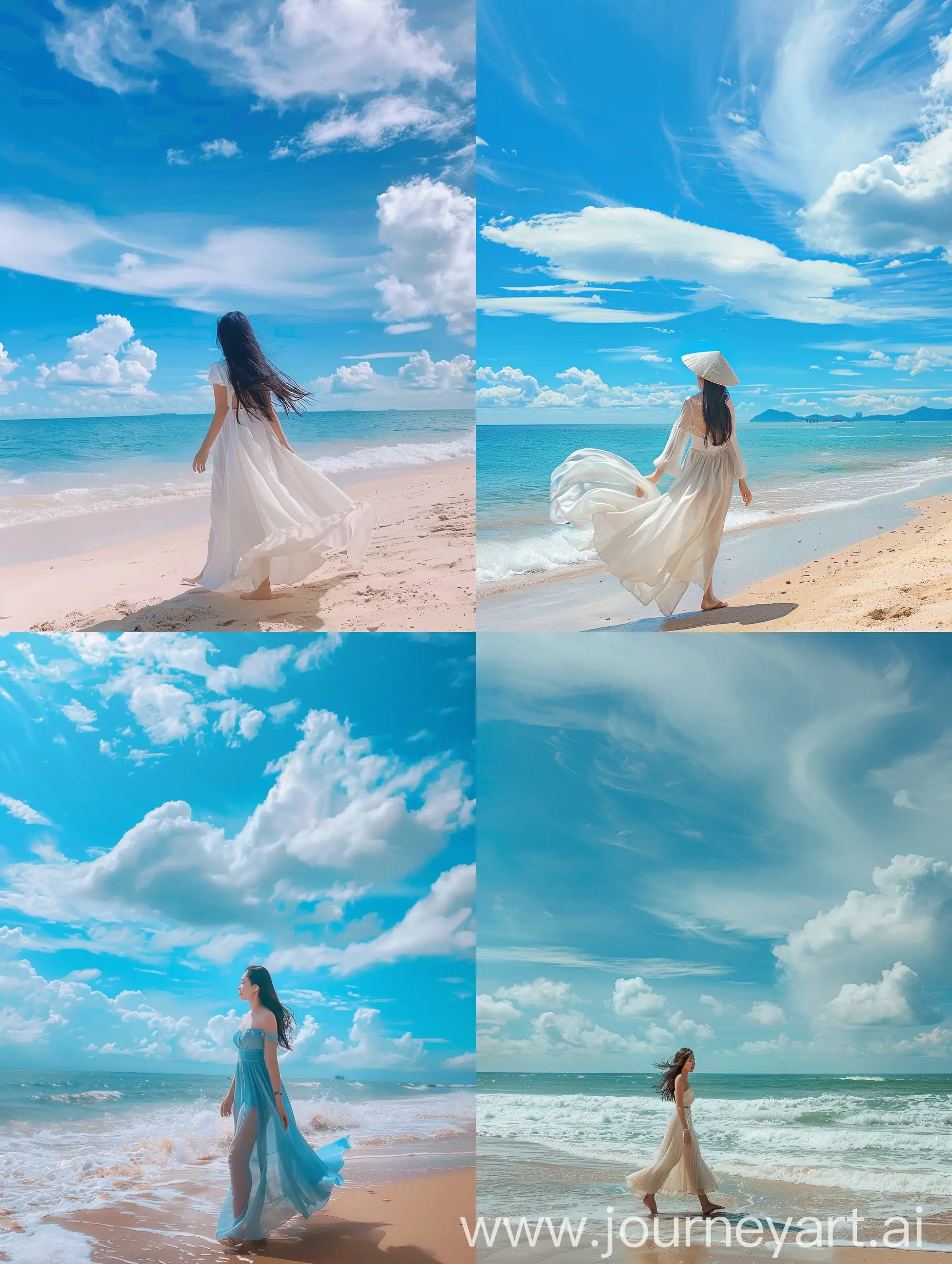 一个越南美女漫步沙滩，蓝天白云，风姿绰约，性感无比