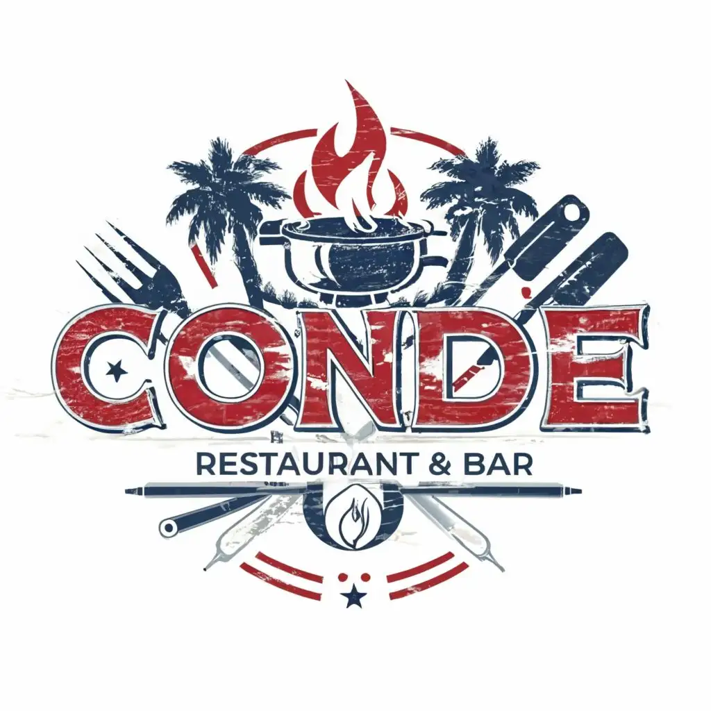 logo, cooking pot under, Palm Trees, Pool cues, Red, white, blue, flames behind, with the text "Conde Restaurant & Bar", typography, be used in Restaurant industry