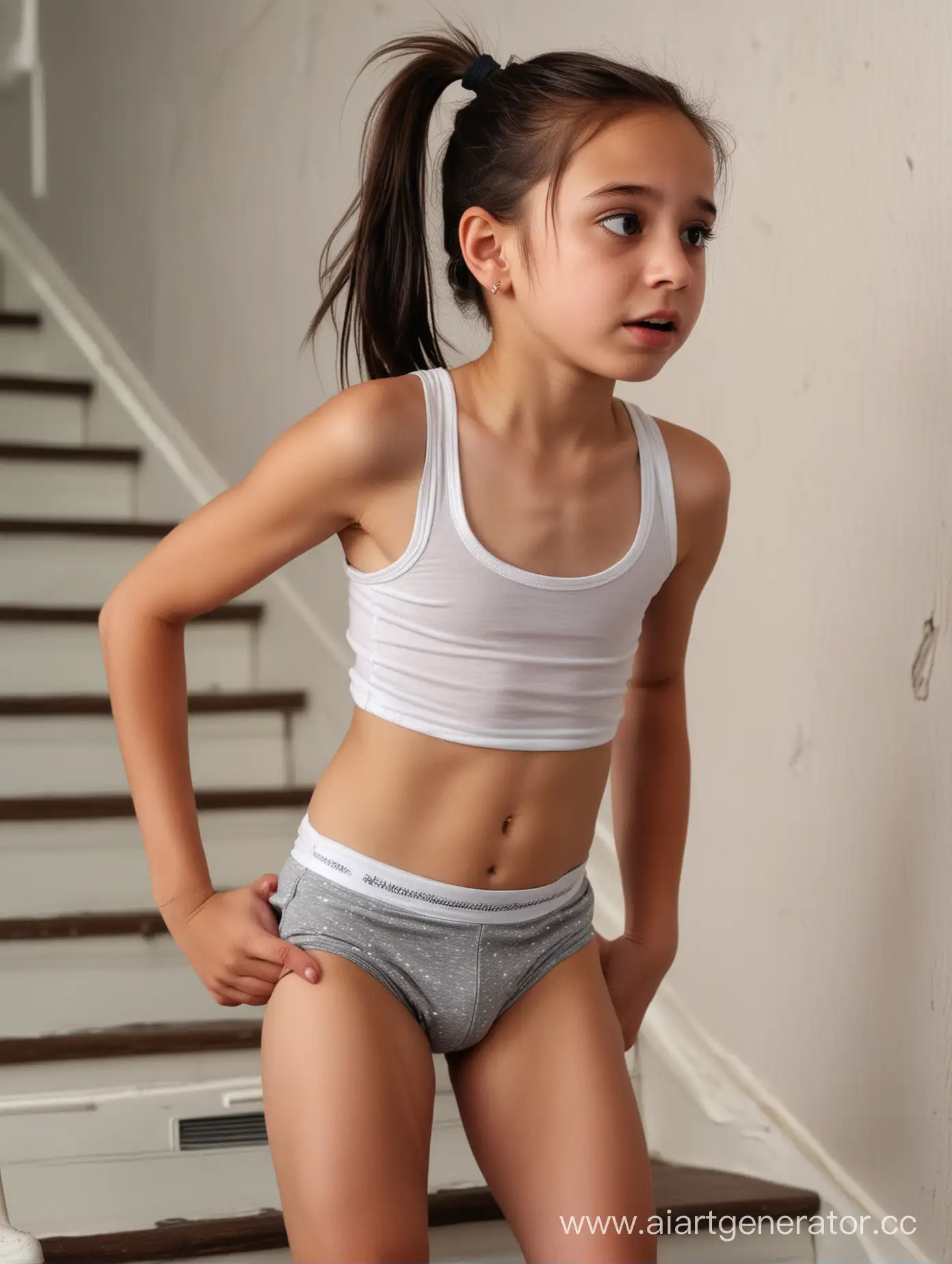 Upset-Arabian-Girl-Standing-on-Stairs-CloseUp-Portrait-of-a-Crying-10YearOld-with-Dark-Hair-and-Ponytail