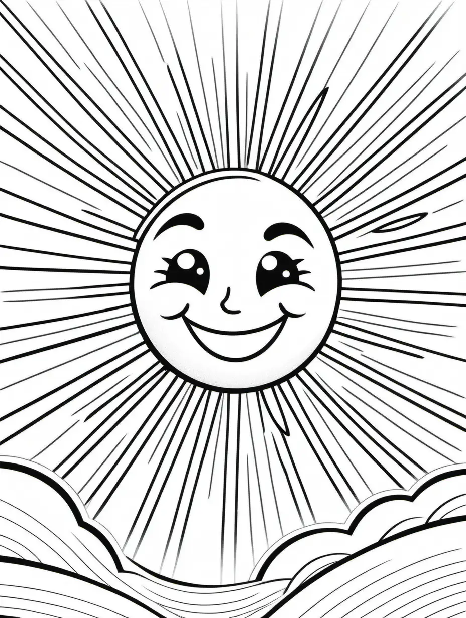 Create a colouring page,  kids illustration, low detail,  black and white, a large sun with a happy face ,no shading, low detail, cartoon style,colouring page 