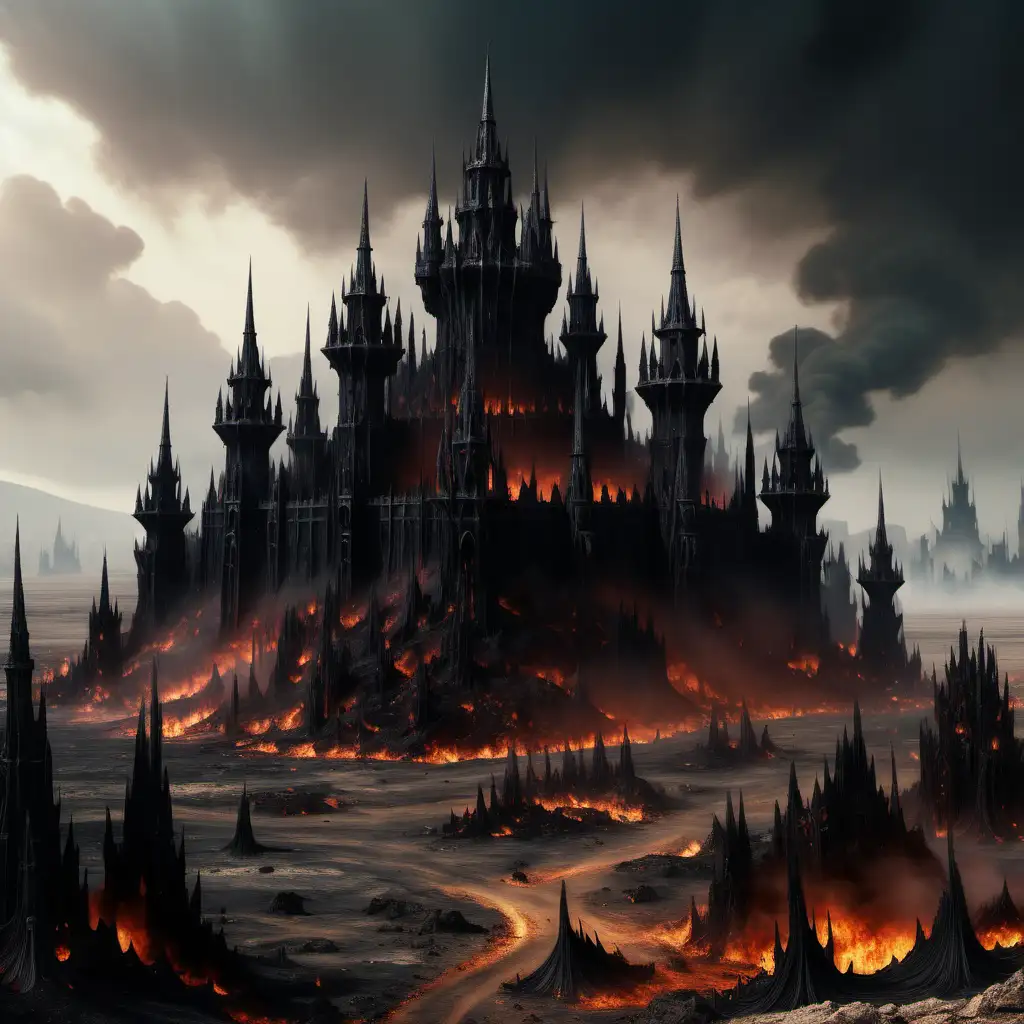 реалистичный  черный замок демонов  со шпилями стоит в раскаленных землях