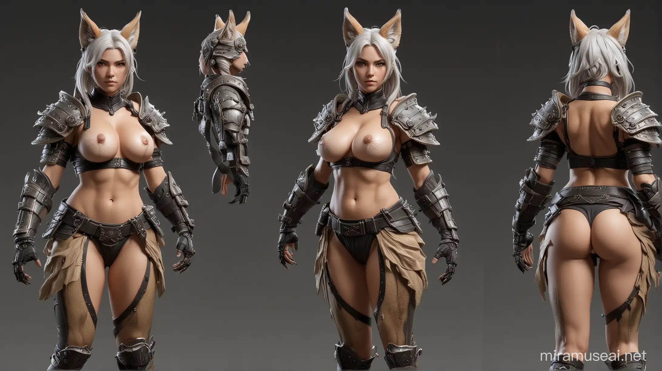 A character reference sheet, of a feminine kitsune samurai, wearing provocative armor, massive large breasts, with a voluptuous body made of charcoal, turn around, front view, side view, back view, soft, delicate, gentle, tender, graceful, refined, octane render, highly detailed, volumetric, dramatic lighting, 4k Ultra HD, insanity detailed hands, insanity detailed face, prefect hands, prefect face, flawless hands, flawless face, head-to-toe, standing pose