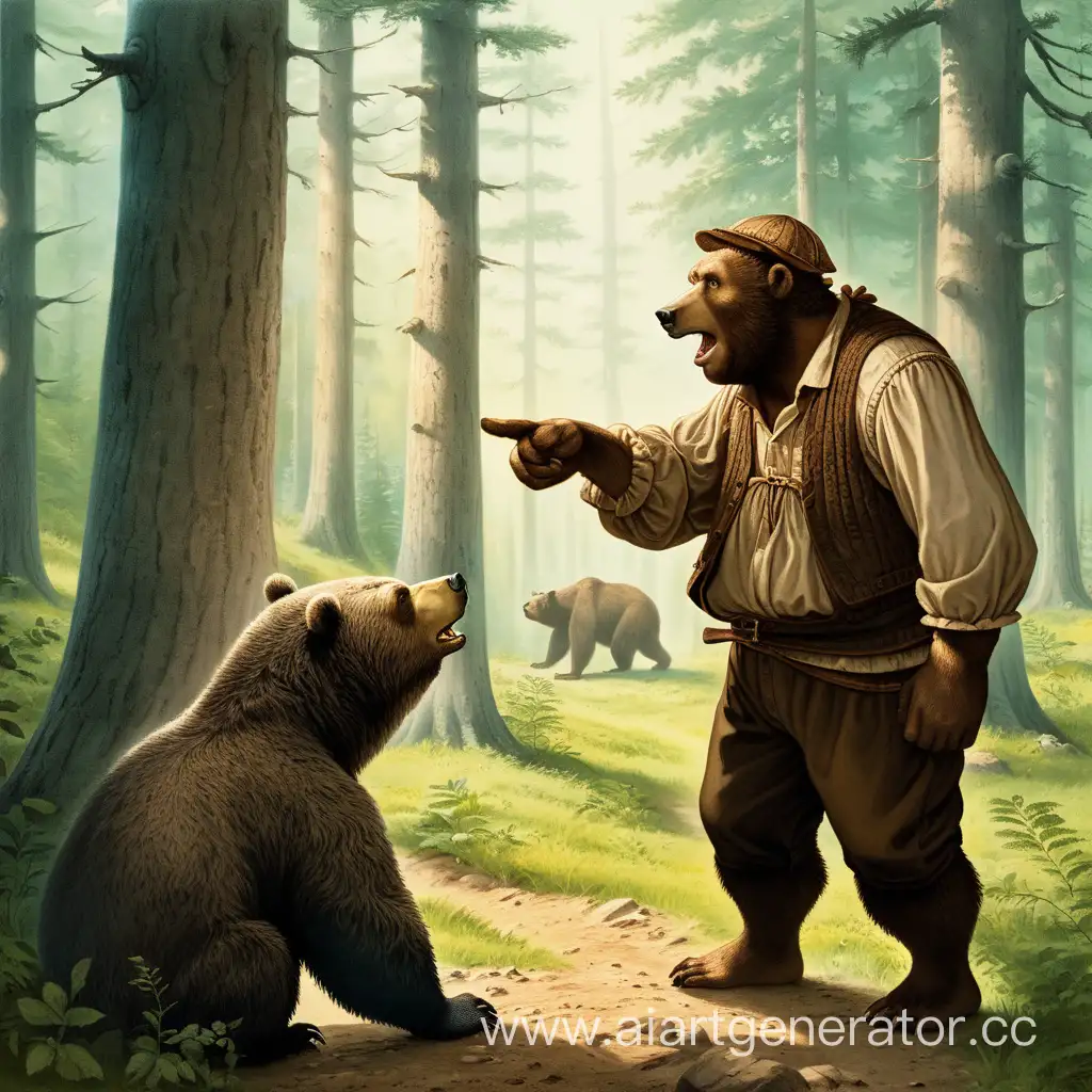 Rustic-Encounter-Peasant-Engaging-in-Conversation-with-a-Bear-in-the-Enchanted-Forest