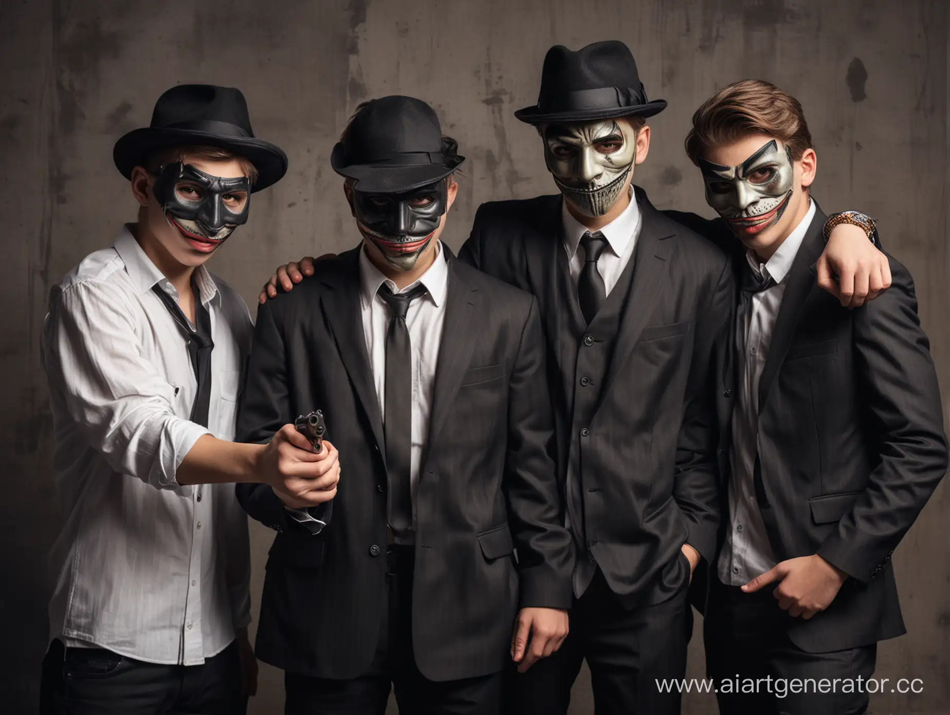 Подросток играет с друзьями в игру Мафия маска костюм гангстера 
