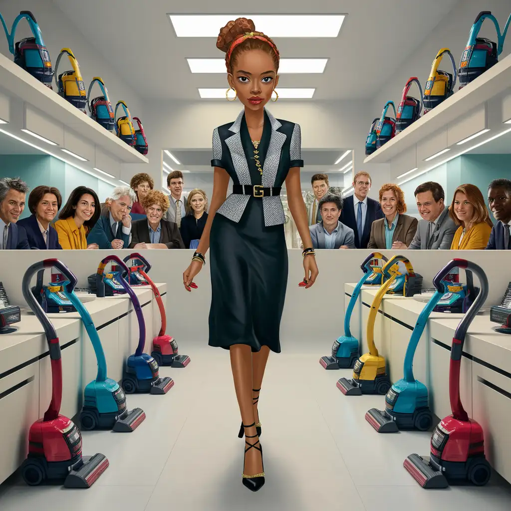 Young African Light Skin Woman at Office with People and Vacuum Cleaners