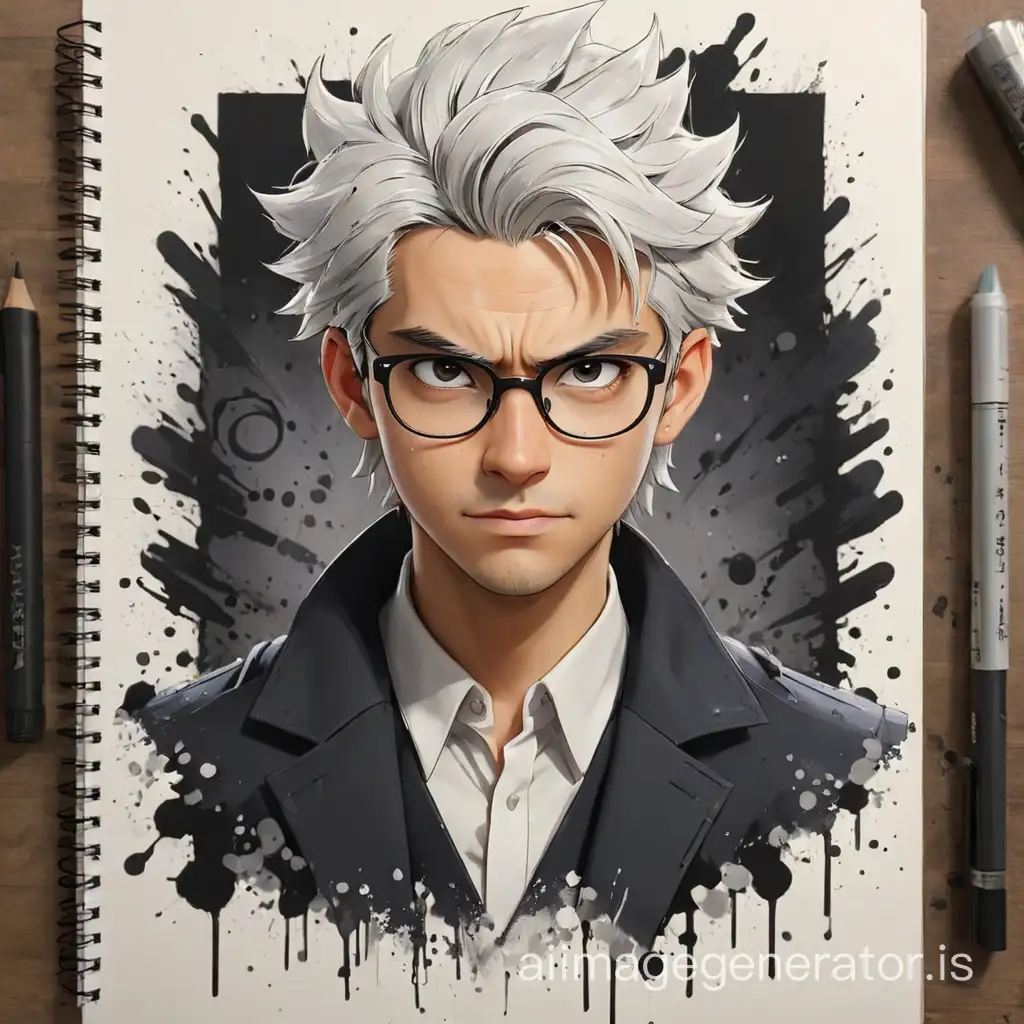Sketchbook Style, Sketch book, hand drawn, dark, gritty, realistic sketch, Rough sketch, mix of bold dark lines and loose lines, bold lines, on paper, turnaround character sheet, jujutsu kaisen, Kento Nanami wears glasses, white haired, wears a suit, 27 year old man, paint splash, full body, arcane symbols, runes, anime theme, Perfect composition golden ratio, masterpiece, best quality, 4k, sharp focus. Better hand, perfect anatomy.