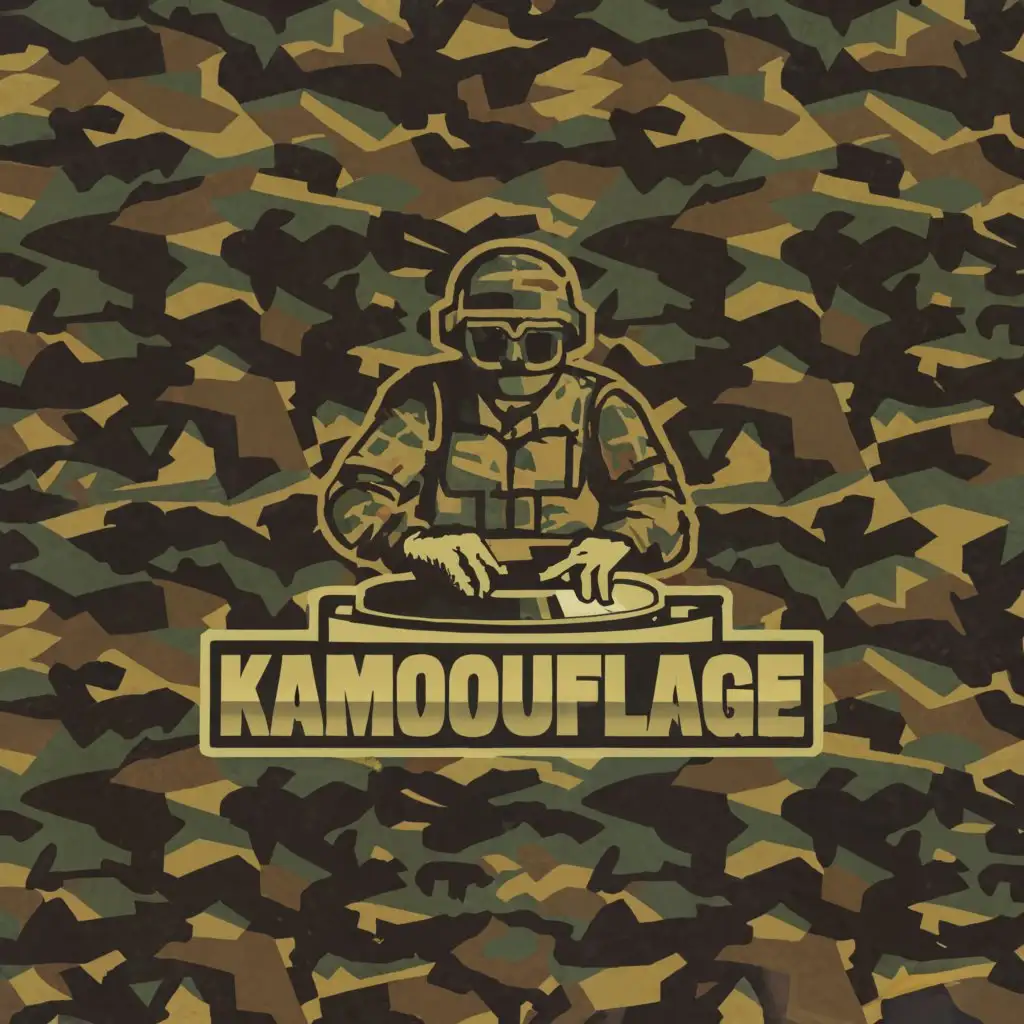 a logo design,with the text 'Kamouflage', main symbol:Soldier playing turntable,complex, camouflage background