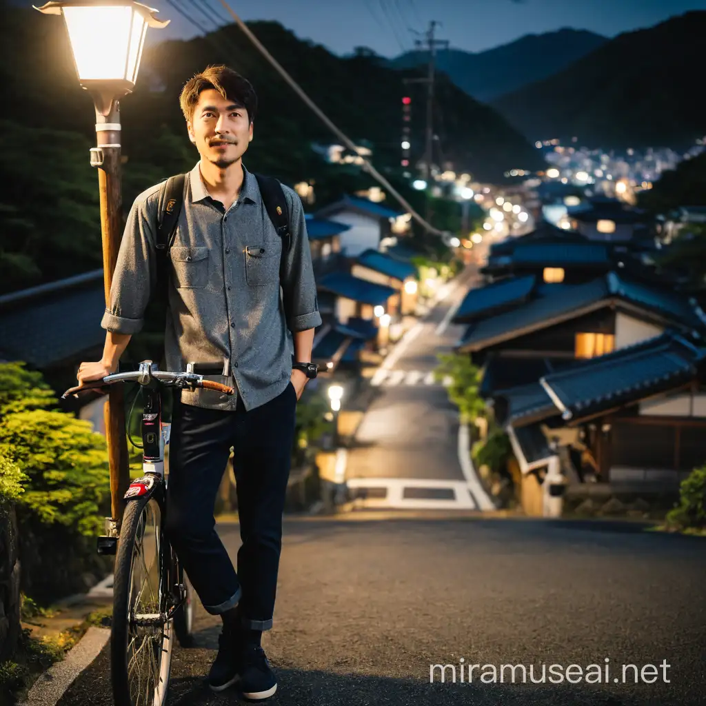 
full body shoot, night portrait of an Asian man with short hair standing on a climbing road in the middle of a village in Japan, small asphalt road with a lamp with a high pole, bokeh background showing the beauty of a city at night from a distance, soft and natural lighting looking side at the camera  while supporting an old bicycle