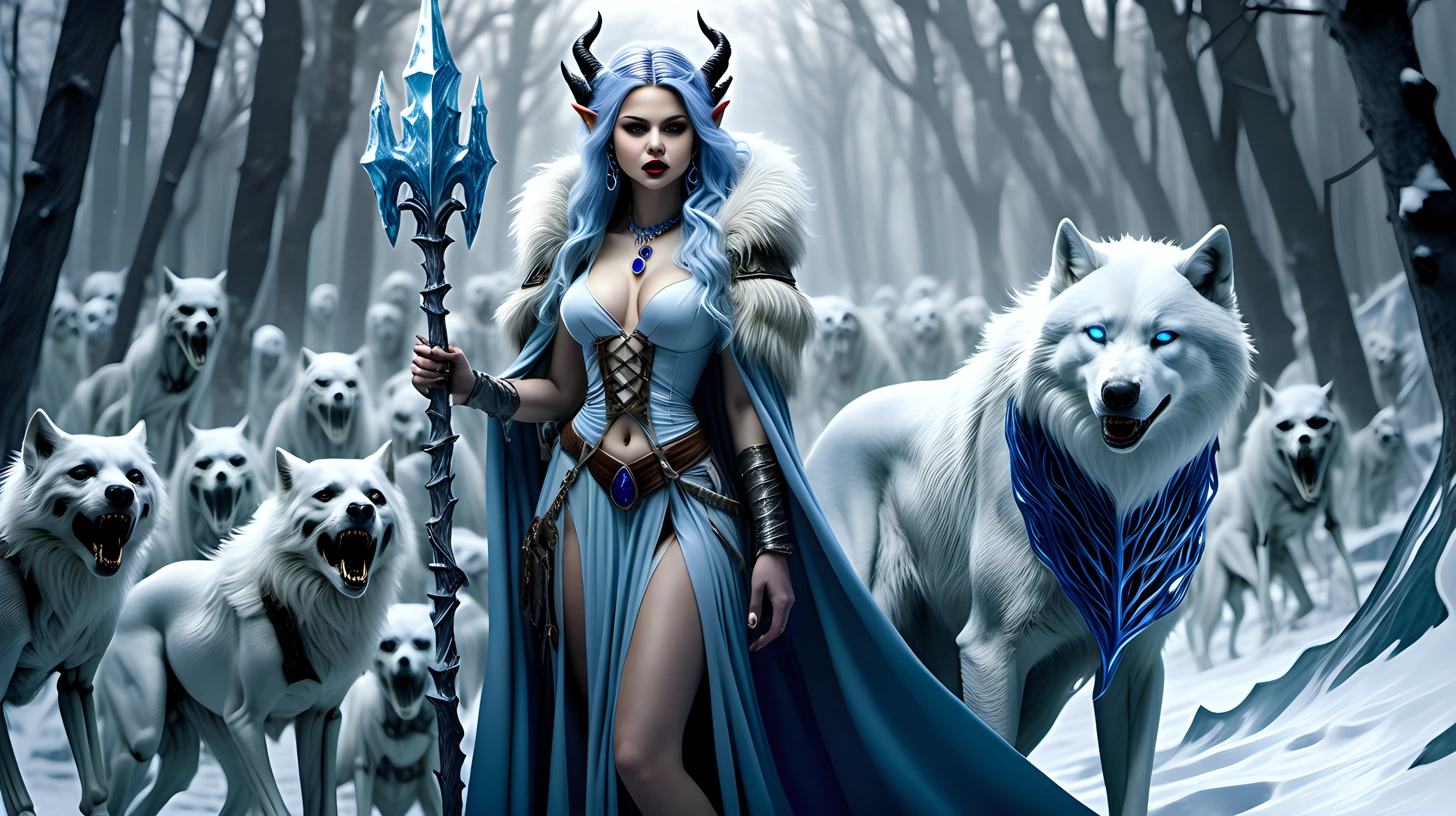Beautiful voluptuous elf queen, snow white skin, pointy elf ears, long light blue windblown hair, small icicle horns, sapphire necklace, low-cut fur-lined clothes, looks like selena gomez, age 30 years, fantasy style, holding an icicle spear, standing next to a large white dire wolf, leading an army of skeleton warriors, ice palace background, wide angle view, zoomed out, photography