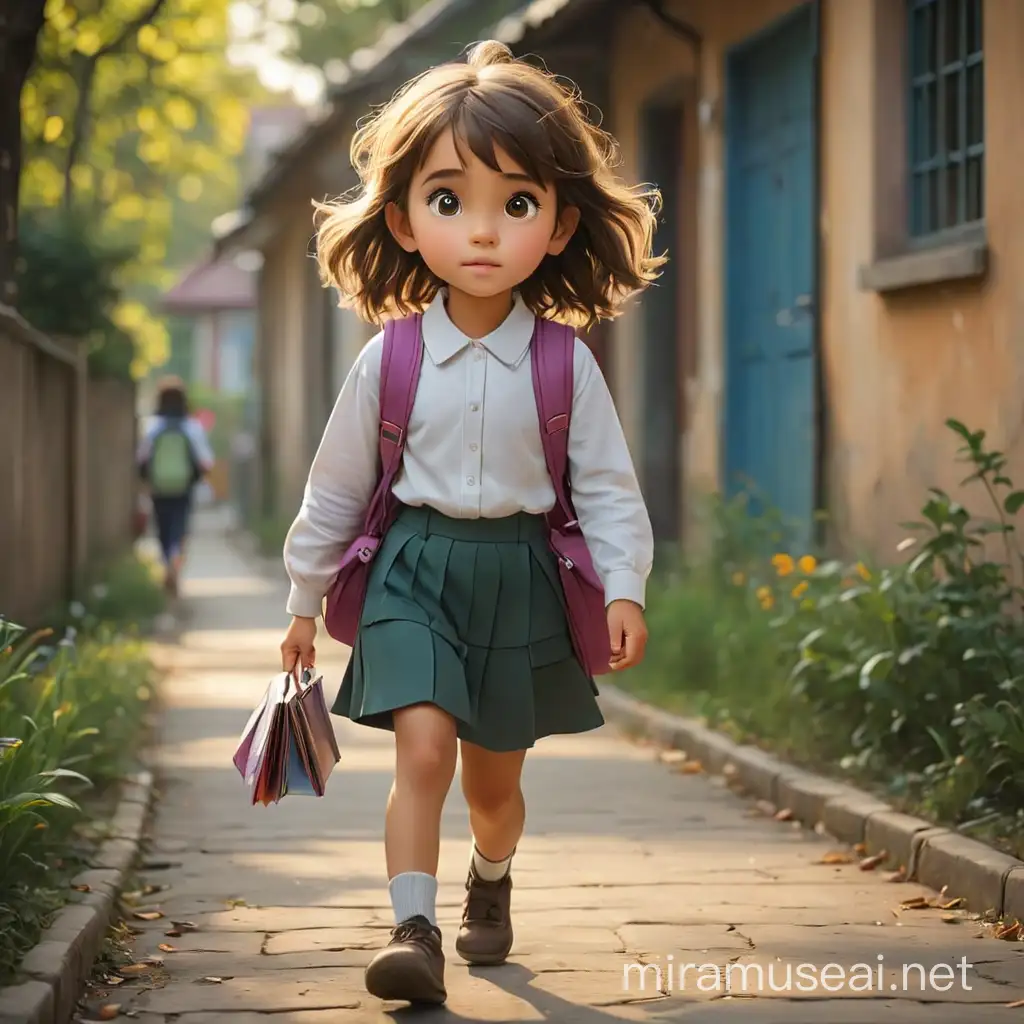 Energetic Little Girl Walking to School with Backpack