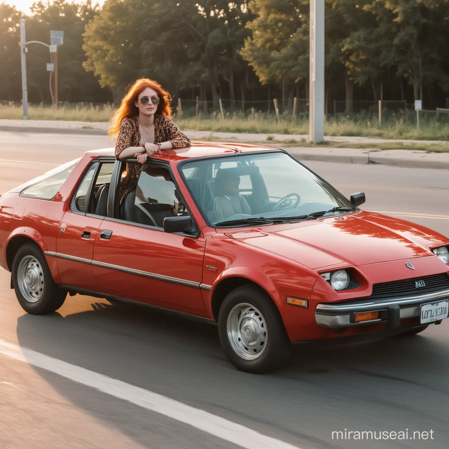 redhead driving in an amc pacer